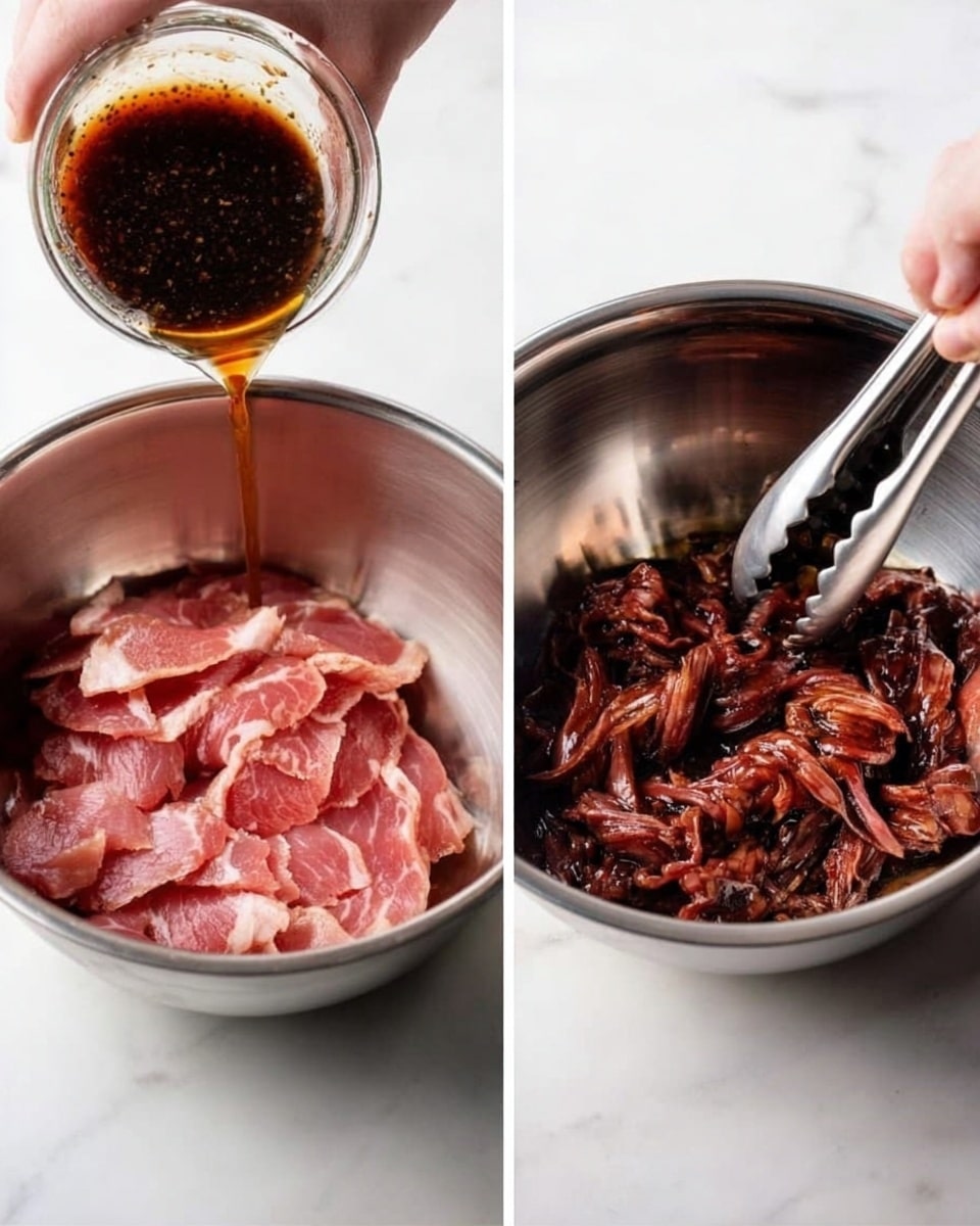 The image shows two side-by-side scenes with stainless steel bowls on a white marbled surface. On the left, thin slices of raw pink meat are placed in the bowl while a dark brown sauce with a shiny texture is being poured over them from a glass container. On the right, the thin slices of meat have turned darker as they are being mixed with tongs held by a woman's hand. The metal bowl reflects some of the white marbled surface beneath. photo taken with an iphone --ar 4:5 --v 7