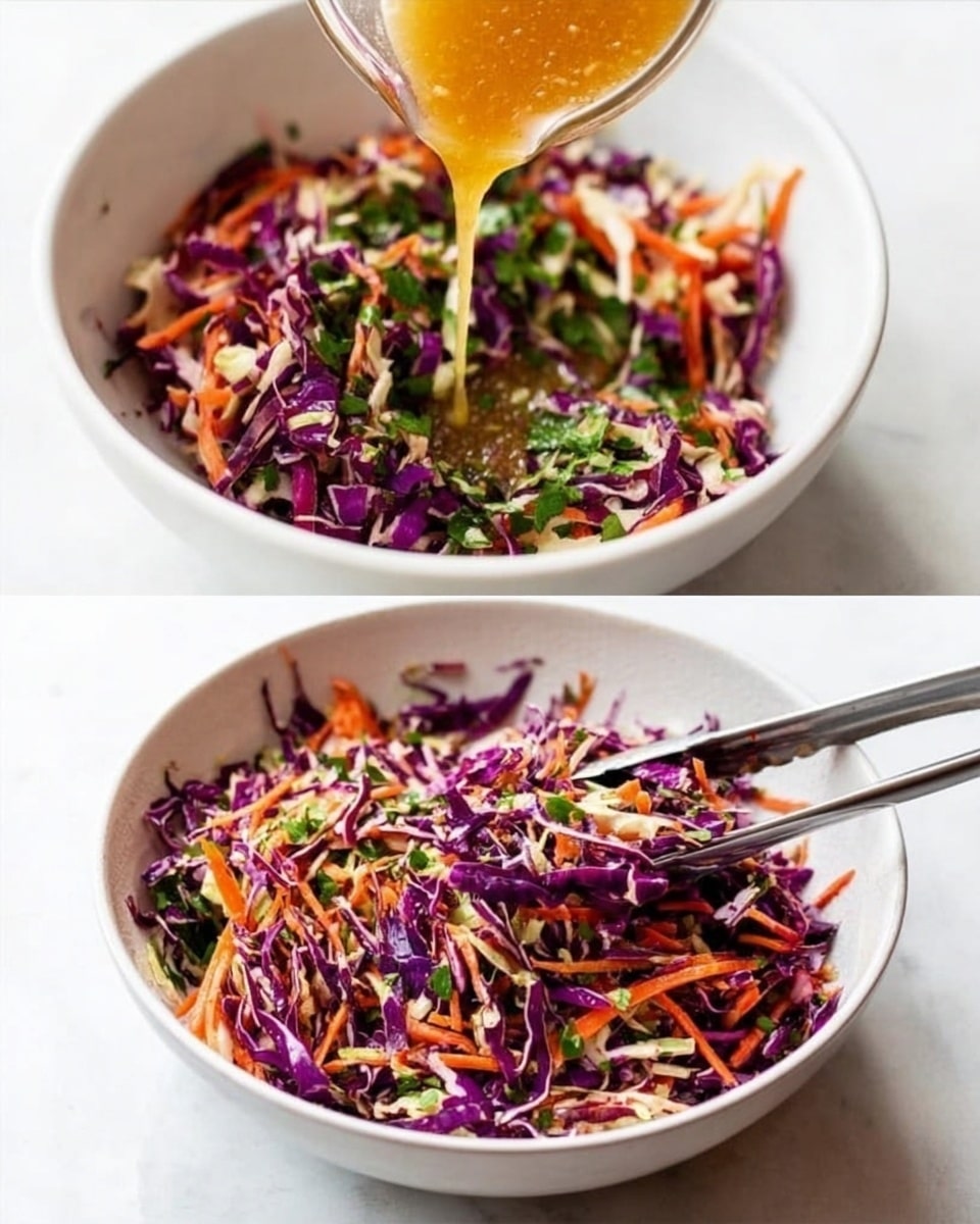 The image shows a white bowl on a white marbled surface. Inside the bowl, there is a mix of shredded purple cabbage, thin orange carrot strips, and some small green herb pieces. In the first part, a glass measuring cup is pouring a light brown dressing over the colorful vegetable mix. In the second part, the vegetables are well mixed, showing a mix of purple, orange, and green colors evenly spread, with stainless steel tongs resting inside the bowl. Photo taken with an iphone --ar 4:5 --v 7