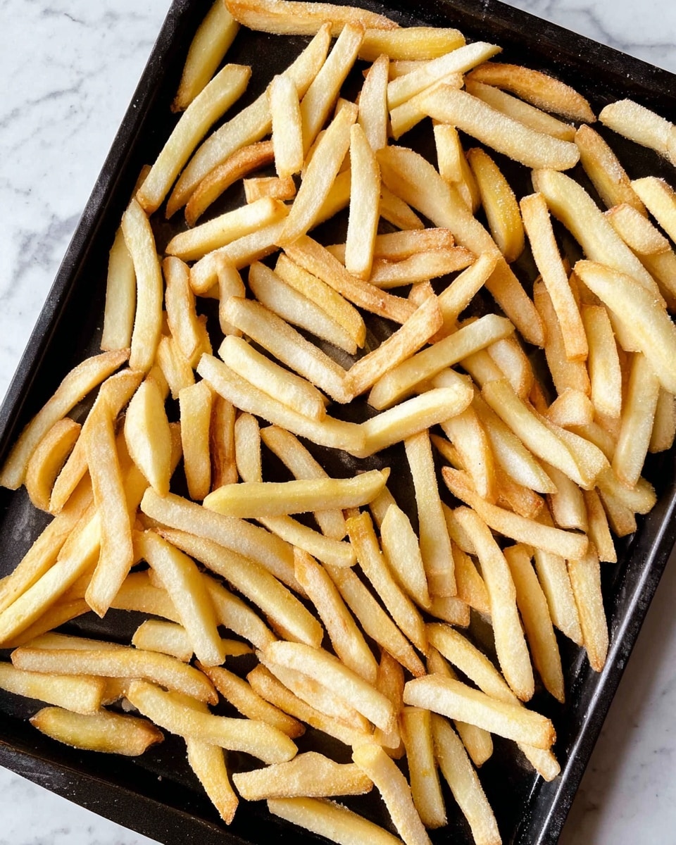 The image shows a black baking tray filled with many uncooked thick-cut fries spread out unevenly. The fries are pale yellow with a powdery texture and some faint spots of browning. The tray sits on a white marbled surface, with parts of the surface visible on the edges. The fries vary in length and are scattered in different directions. photo taken with an iphone --ar 4:5 --v 7