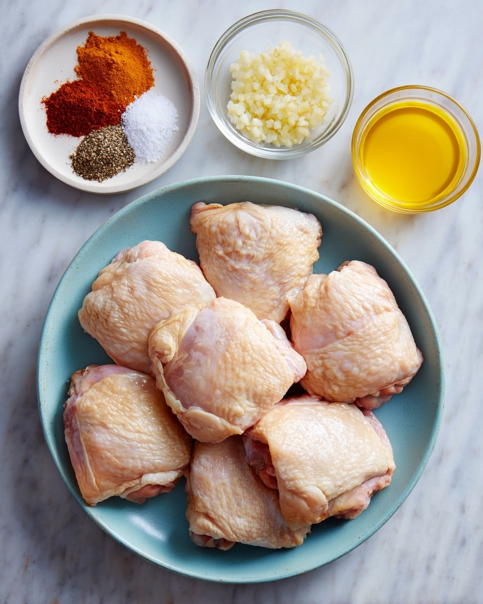 A light blue bowl filled with six raw chicken thighs stacked unevenly shows their pale pink skin and plump texture. Above the bowl, a small white plate with three sections holds three spices: a brown powder labeled cumin and coriander, an orange-red powder labeled achiote powder, and dried oregano leaves. To the right, a small glass cup contains a clear yellow liquid labeled olive oil. Below this is a tiny clear bowl filled with minced garlic, next to a shallow white plate holding salt and black pepper in separate piles. Below and slightly left of the chicken, there are two small clear measuring cups with yellow-orange orange juice and pale yellow lime juice. All dishes and cups rest on a smooth white marbled surface. photo taken with an iphone --ar 4:5 --v 7