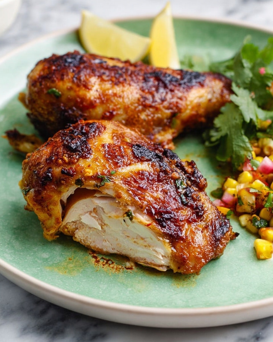 Two pieces of cooked chicken sit on a white plate with a greenish tint, showing crispy and browned skin with some charred spots. The chicken is placed on the left side of the plate with juicy and tender white meat visible on one piece where it is opened. Around the chicken, there are lemon wedges and some green leafy herbs, with a small portion of colorful mixed corn and diced veggies on the right side of the plate. The scene is set on a white marbled surface. Photo taken with an iphone --ar 4:5 --v 7