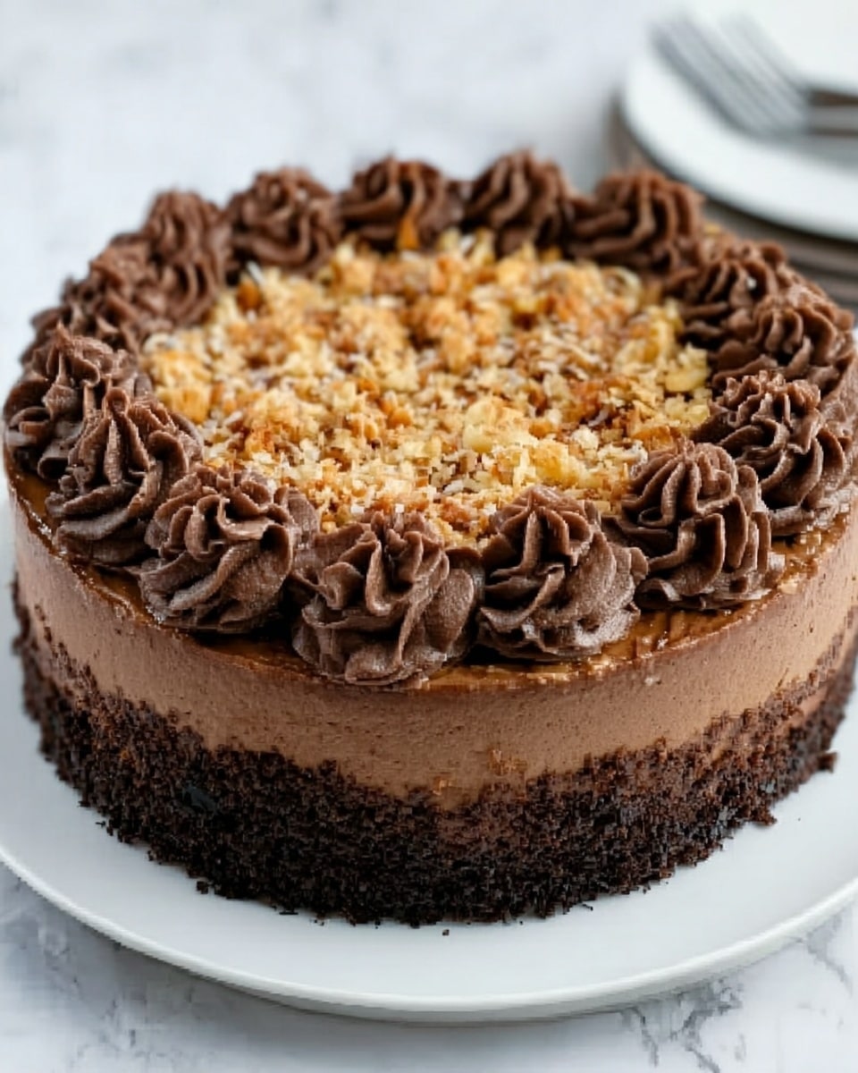 The image shows a round chocolate cake with three visible layers. The bottom layer is a dark, crumbly chocolate base, rough in texture. The middle layer is smooth and light chocolate mousse, creamy in appearance, sitting evenly on top of the base. The top layer is decorated with swirls of darker chocolate frosting forming a ring around the edge. Inside the ring, the center is covered with a mix of small, crunchy-looking toasted nuts and coconut flakes, giving a textured, golden-brown contrast to the chocolate layers. The cake is placed on a white plate over a white marbled surface. Photo taken with an iphone --ar 4:5 --v 7