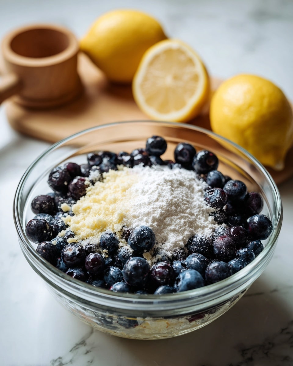 A clear glass bowl sits on a white marbled surface, filled with three clear layers: at the bottom are fresh dark blue blueberries with a smooth texture, sprinkled unevenly with white sugar and a mound of fine white cornstarch, and small bits of pale lemon pulp scattered on top; in the background, two lemon halves and a wooden juicer rest on the white marbled surface, hinting at fresh lemon juice added to the mix. photo taken with an iphone --ar 4:5 --v 7