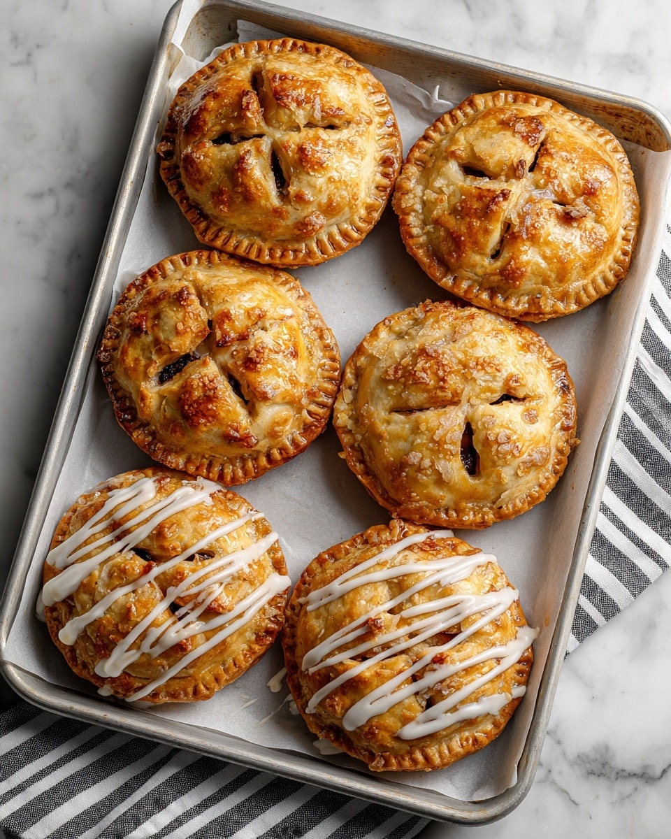A metal baking tray lined with white parchment paper holds six small round pies arranged in two columns and three rows. The pies are golden brown with a slightly rough, baked crust texture. Each pie has four small slits on top forming an