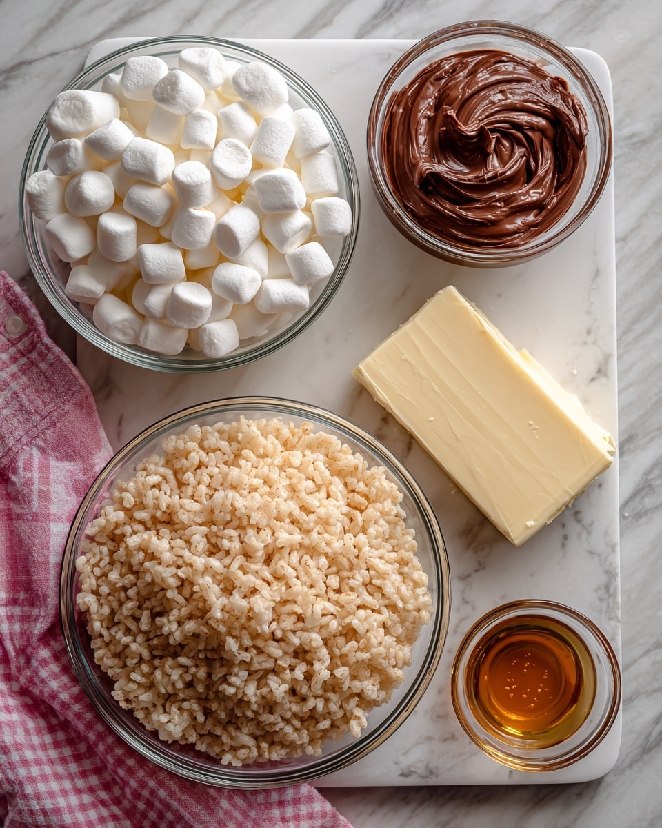 The image shows a white marbled surface with three clear glass bowls and two small containers arranged neatly. The largest bowl at the bottom center is full of light tan rice krispie cereal with a dry texture. Above it, slightly left, is a medium-sized bowl filled with many small, soft white mini marshmallows. To the right of the marshmallows is a small glass bowl with shiny, smooth, brown Nutella spread that looks creamy. To the lower right of the rice krispies, there is a rectangular chunk of pale yellow butter resting directly on the marbled surface. Below the butter, a tiny clear bowl contains golden brown vanilla extract. A pink and white checkered cloth is placed at the lower left corner, adding a soft color contrast. The photo taken with an iphone --ar 4:5 --v 7