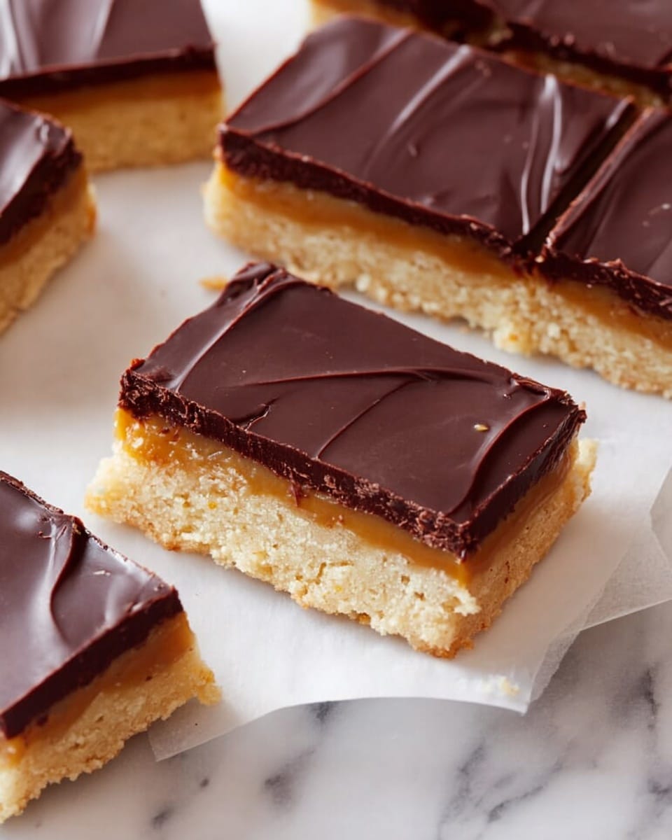The image shows several pieces of a dessert with three visible layers. The bottom layer is a light tan, crumbly base that looks like a shortbread or cookie crust. The middle layer is a smooth, golden caramel spread evenly over the bottom. The top layer is a dark, shiny chocolate coating that is thick and glossy, with a few gentle swirls on the surface. The pieces are rectangular and placed on white parchment paper, all set on a white marbled surface. Photo taken with an iphone --ar 4:5 --v 7
