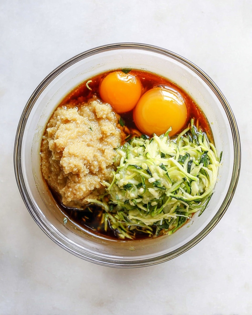 A clear glass bowl on a white marbled surface holds four separate ingredients. On the left side, there is a beige, grainy paste. Above this, two whole raw eggs with bright yellow and orange yolks sit side by side. On the right side, there is a pile of shredded green zucchini with dark green skin patches visible. Surrounding the ingredients is a thin layer of dark brown liquid that glazes the bowl. The photo is taken with an iphone --ar 4:5 --v 7