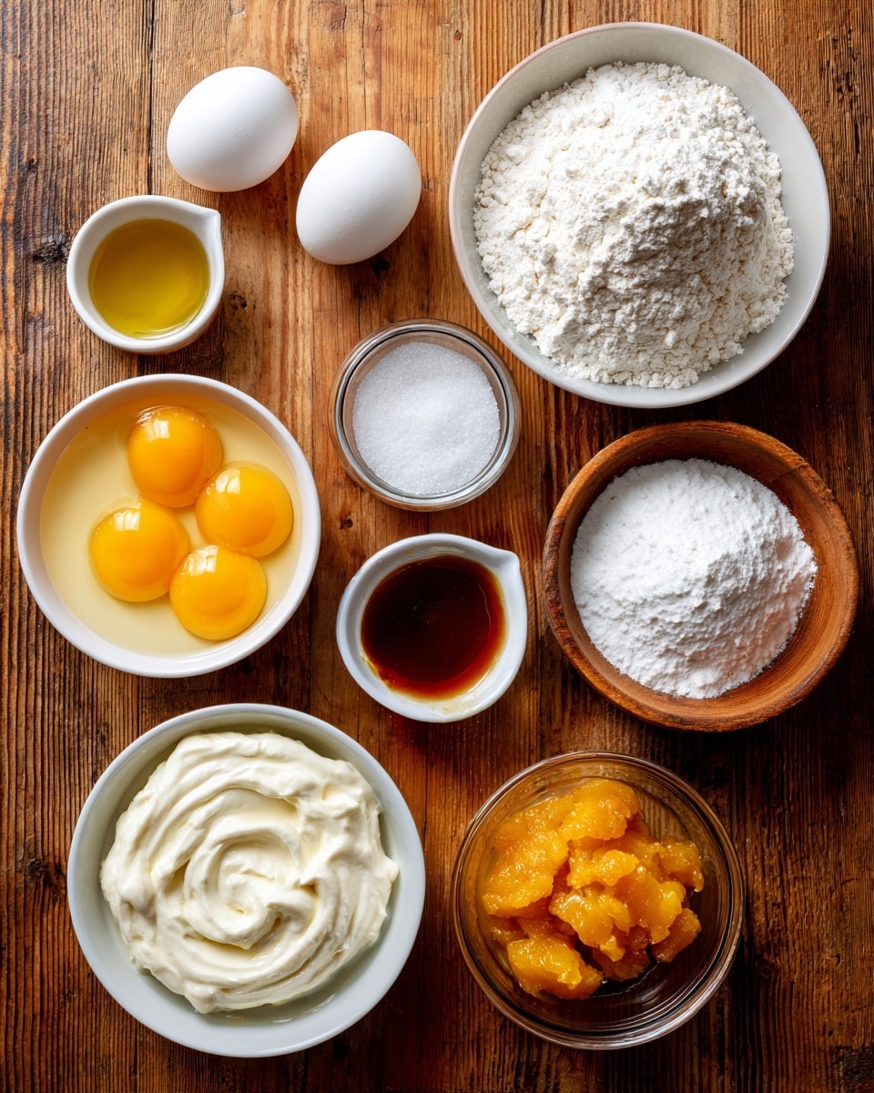 The image shows nine white dishes and one wooden bowl on a wooden surface, each with a different ingredient. At the top right is a white measuring cup filled with white flour. To the left of it is a small white bowl of white baking soda. Below the baking soda is a larger white bowl with two raw eggs showing bright yellow yolks and clear whites. In the middle right is a round wooden bowl filled with white granulated sugar. Below that is a small white bowl of salt. To the left of the salt is a round white bowl with creamy sour cream that looks smooth and thick. Above the sour cream is a small white bowl with golden-brown vanilla extract. Below the vanilla is a clear glass bowl with yellow oil. To the left of the oil is a white measuring cup with bright orange peach pieces. The whole setup is on a brown wooden background with natural grain patterns photo taken with an iphone --ar 4:5 --v 7