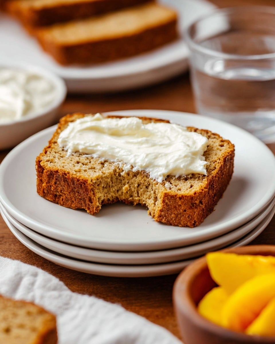 A single slice of brown bread with a soft, slightly crumbly texture sits in the center of a white plate, topped with a thick, uneven layer of white cream spread across the surface. A bite is missing from the left side of the slice, revealing the moist inside. The white plate is stacked on top of another identical plate, all placed on a wooden surface. In the background, out of focus, there are more slices of the same brown bread resting on a white cloth. In the lower foreground, part of a small white container filled with the same cream and a brown bowl with bright yellow peach slices are visible. A clear glass of water is positioned to the right side. Photo taken with an iphone --ar 4:5 --v 7