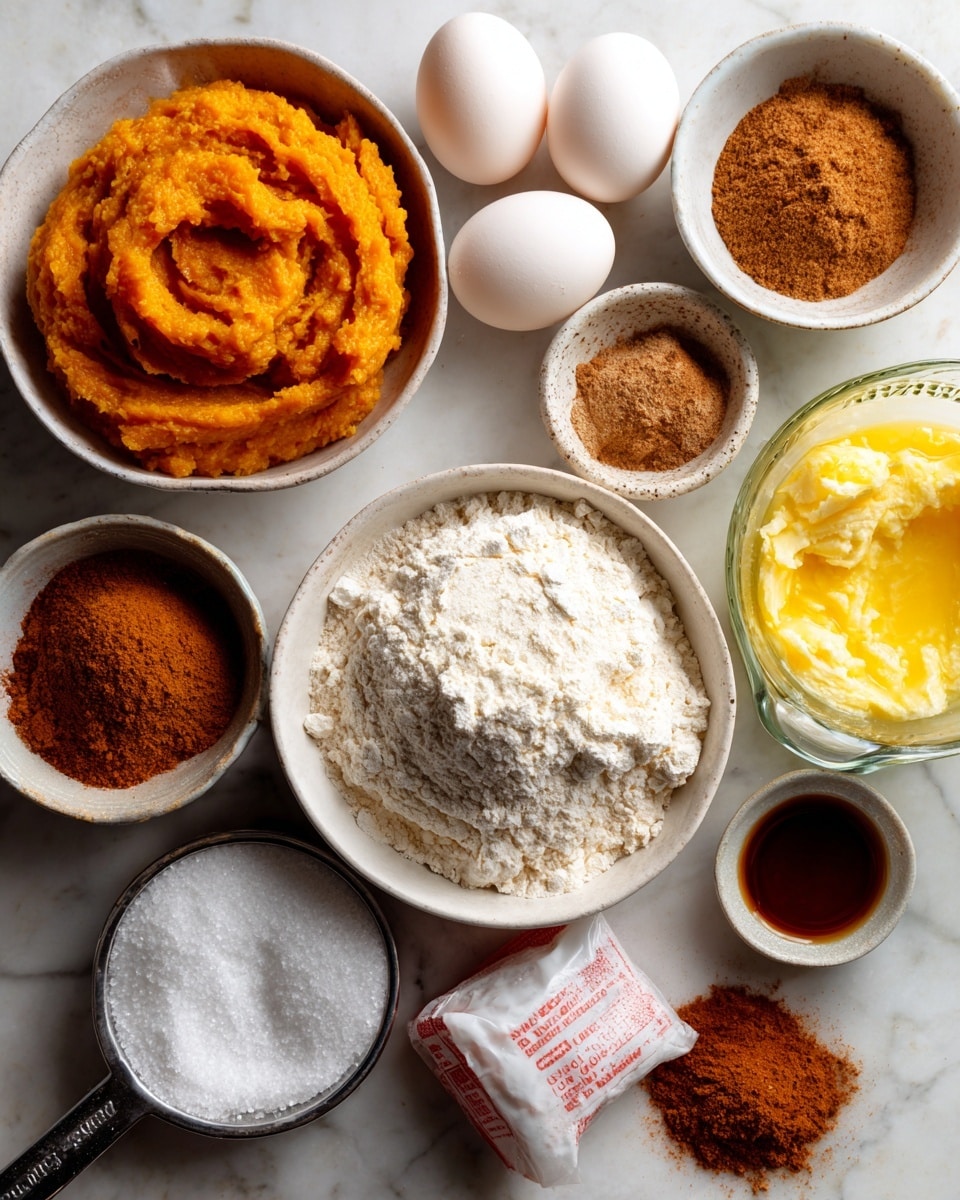 The image shows various ingredients neatly arranged on a white marbled surface. There is an orange bowl filled with smooth pumpkin puree at the top left, three white eggs close by, and two small bowls of salt with fine white granules. A small white bowl containing light brown pumpkin pie spice is at the top right. A larger white bowl near the middle has fine all-purpose flour with a soft texture, while melted butter with a bright yellow color rests in a glass measuring cup on the right side. Near the bottom left, there is a silver measuring cup filled with granulated sugar, and next to it is an upright red-and-white bag of granulated sugar. A small white bowl with more granulated sugar, a small pile of cinnamon powder with a warm brown color, and a small container of dark vanilla extract all complete the set of ingredients. Everything is spread out clearly in an organized manner. photo taken with an iphone --ar 4:5 --v 7