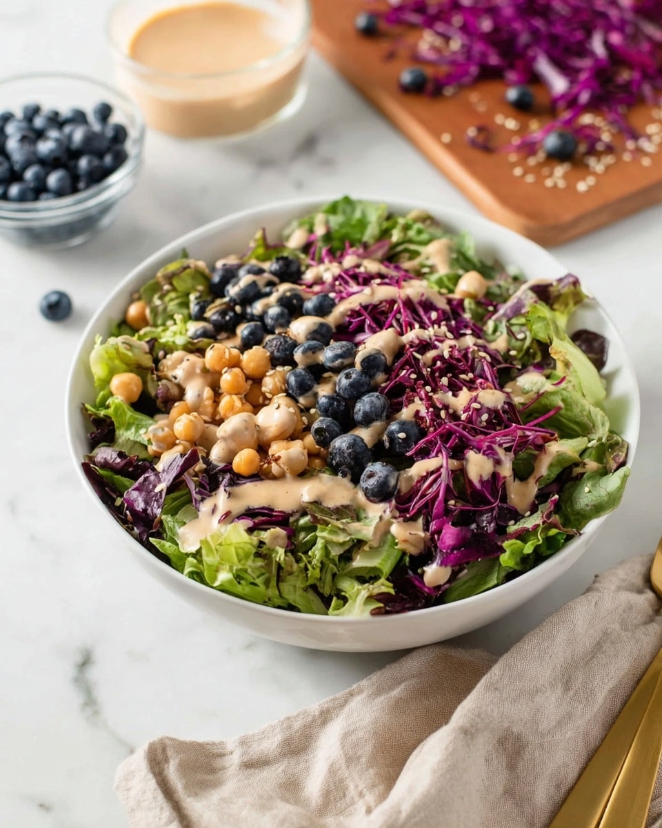 A white bowl is filled with three layers: the bottom layer is mixed green and purple leafy lettuce with soft textures; on top of this are scattered light beige chickpeas and dark blue blueberries for contrast, along with thin strips of bright purple cabbage adding a crunchy look; the top layer is drizzled with a creamy light brown dressing, with some small seeds sprinkled over it. The bowl is placed on a white marbled surface, surrounded by a small clear bowl of blueberries to the back left and a wooden board with purple cabbage on the back right. A gold fork rests near the bowl on a soft beige cloth. Photo taken with an iphone --ar 4:5 --v 7