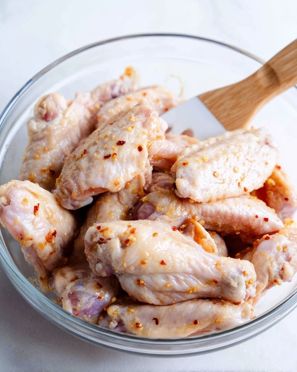 A clear glass bowl filled with pale raw chicken wings mixed with small bits of seasoning, mainly light brown and red specks scattered on the chicken skin. A white spatula with a wooden handle rests inside the bowl, partially buried in the chicken pieces. The bowl sits on a white marbled surface, giving a clean and bright look. The chicken wings show soft, smooth textures with some pink undertones and glistening parts from moisture photo taken with an iphone --ar 4:5 --v 7
