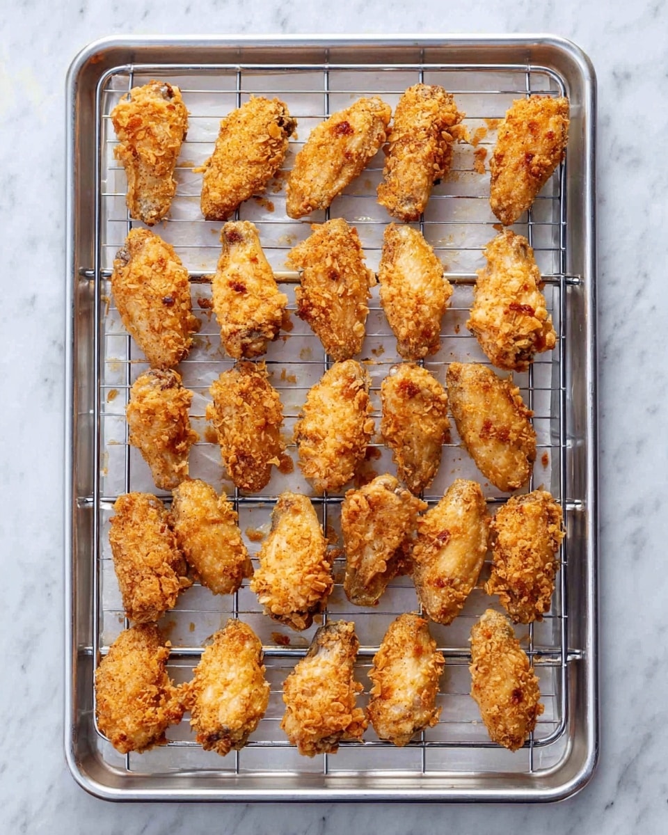 The image shows a baking tray with a metal wire rack on top, holding 24 pieces of baked chicken wings. Each wing is coated in a golden-brown, crunchy crust with small bits of coating visible. The wings are arranged in five rows, evenly spaced on the rack. The tray is lined with white parchment paper beneath the wire rack, and the whole setup sits on a white marbled surface. photo taken with an iphone --ar 4:5 --v 7