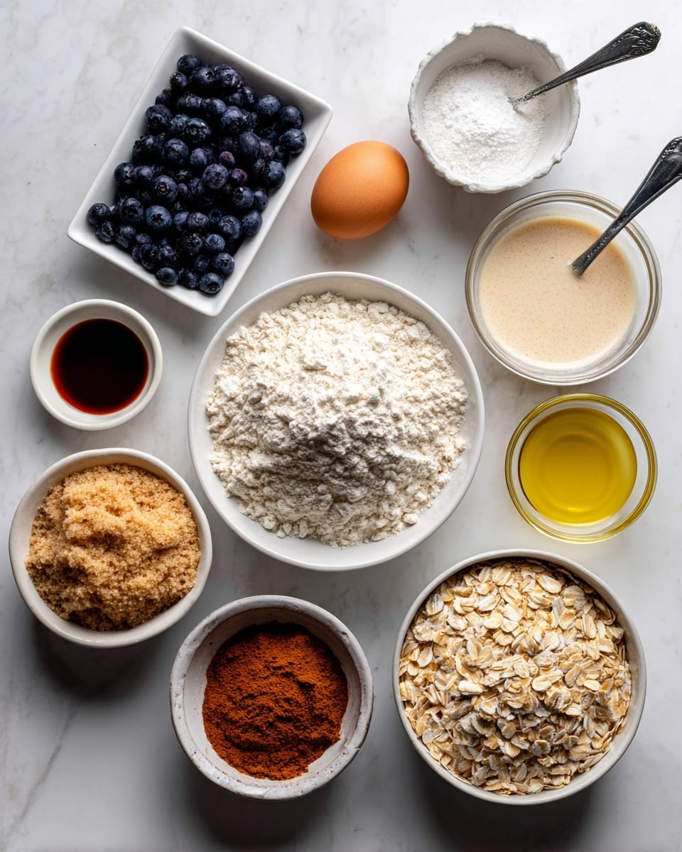 The image shows multiple white bowls and a white rectangular dish arranged on a white marbled surface. The white rectangular dish at the top left is filled with dark blue blueberries. Below it is a light brown egg placed directly on the surface. Next to the egg on the right is a small white bowl with white baking powder. To the right of that is a transparent white bowl filled with light beige almond milk. Below the almond milk is a small white bowl containing light brown, fine brown sugar. Near the center is a white bowl of white flour with a metal spoon inside. Below the flour is a white bowl filled with light tan oats. To the right of the oats is a small clear bowl with a pale yellow oil. At the bottom right is a small white bowl holding a brown cinnamon powder, and to the left of the egg is a dark brown maple syrup in a white bowl. The arrangement is neat, with each ingredient clearly visible and labeled. The photo is taken with an iphone --ar 4:5 --v 7