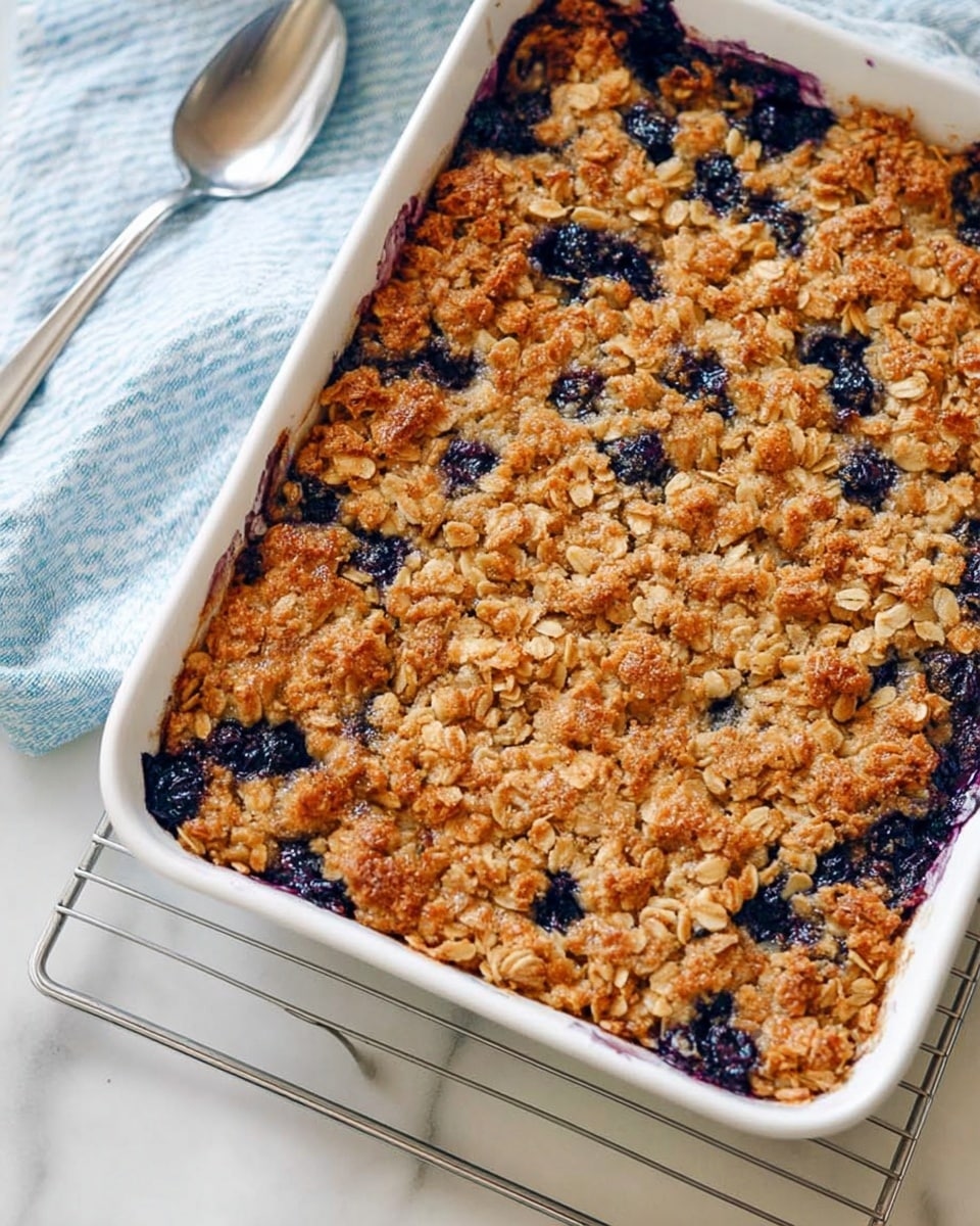 The image shows a white rectangular baking dish with a berry oat crumble. The dish has three layers: the bottom layer is a soft, creamy oat base; the middle layer contains dark purple and blue berries, some of which are juicy and slightly bursting; the top layer is a thick, golden brown oat crumble with a rough, textured surface that looks crunchy. One corner of the crumble is missing, revealing the inside layers. The dish is placed on a white marbled surface photo taken with an iphone --ar 4:5 --v 7