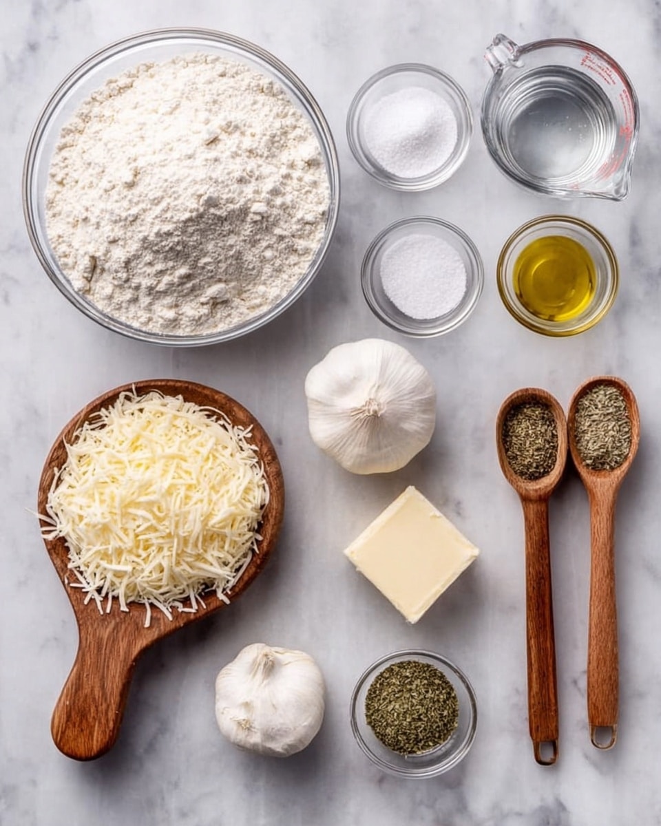 The image shows many ingredients placed neatly on a white marbled surface. There is a large clear bowl filled with white flour on the top left, next to a clear measuring cup with water. To the right of the water, there are three small clear bowls arranged in a row, holding dry yeast, white sugar, and olive oil. Below, there is a small clear bowl with dried herbs on the bottom left, followed by a wooden-handled measuring cup filled with shredded cheese, a small clear bowl with salt, a whole white garlic bulb, a small square block of butter, and two wooden-handled measuring spoons with dried oregano and dried basil. The setup is clean and organized, with each item distinct and easy to see, photo taken with an iphone --ar 4:5 --v 7