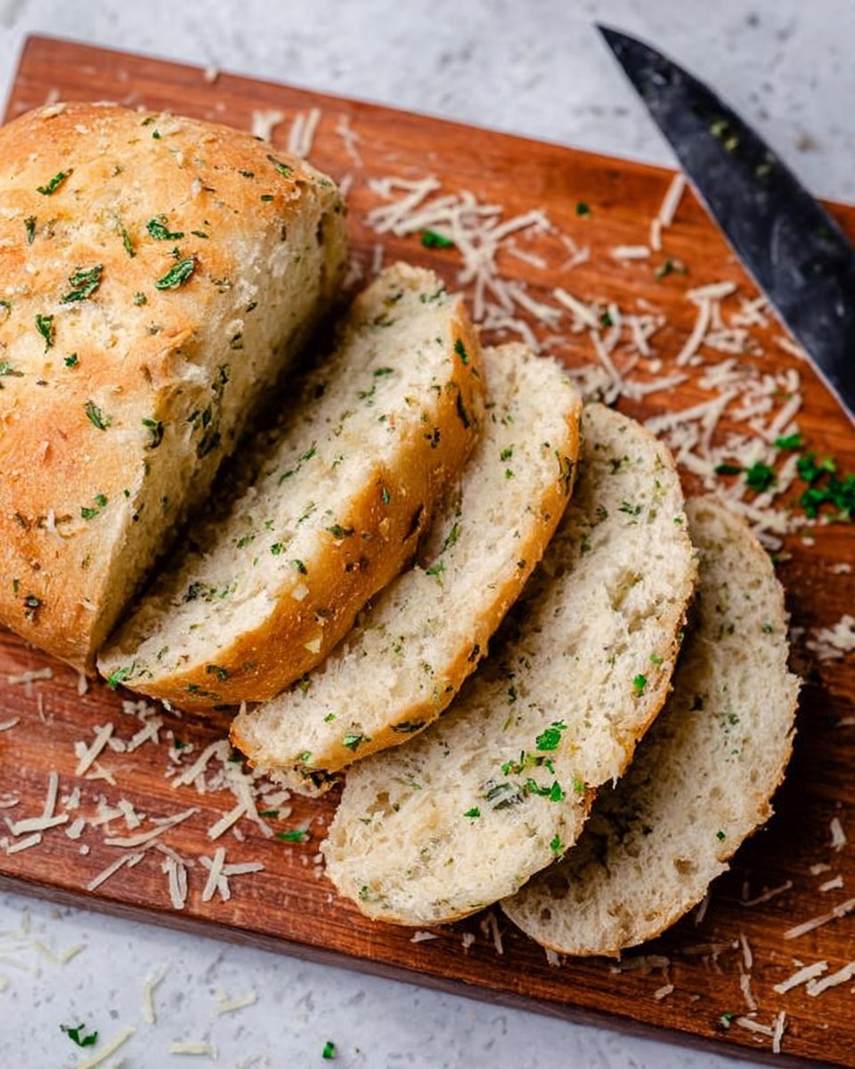 The image shows a loaf of bread resting on a wooden cutting board with four thick slices cut from it. The bread has a golden brown crust with a soft, light beige inside that shows tiny green herb pieces spread evenly. The surface around the bread has scattered flecks of herbs and some shredded cheese. There is a knife with a black handle placed near the bread on the white marbled surface. The bread texture looks fluffy and slightly porous, and the scene is simple and natural. photo taken with an iphone --ar 4:5 --v 7