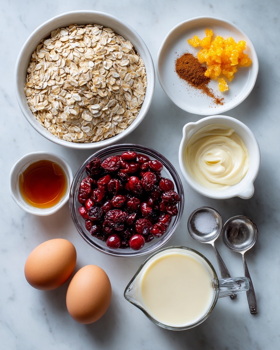 The image shows a top-down view of various baking ingredients arranged neatly on a white marbled surface. At the top left, there is a white bowl full of light tan rolled oats with a coarse, flaky texture. Next to it, on the right side, a small white plate holds bright orange zest and a sprinkle of brown cinnamon powder. Below this, two light brown eggs rest on the surface. In the center, a clear glass bowl is filled with shiny, deep red cranberries. To the left, a small white bowl contains amber maple syrup with a smooth surface. Below that, a glass measuring cup holds creamy, beige milk. On the bottom right, a white bowl shows pale yellow oil with a smooth, reflective surface. Two metal measuring spoons contain tiny amounts of white sea salt and dark vanilla extract. The whole arrangement is simple and clean, with each ingredient visually distinct. Photo taken with an iphone --ar 4:5 --v 7