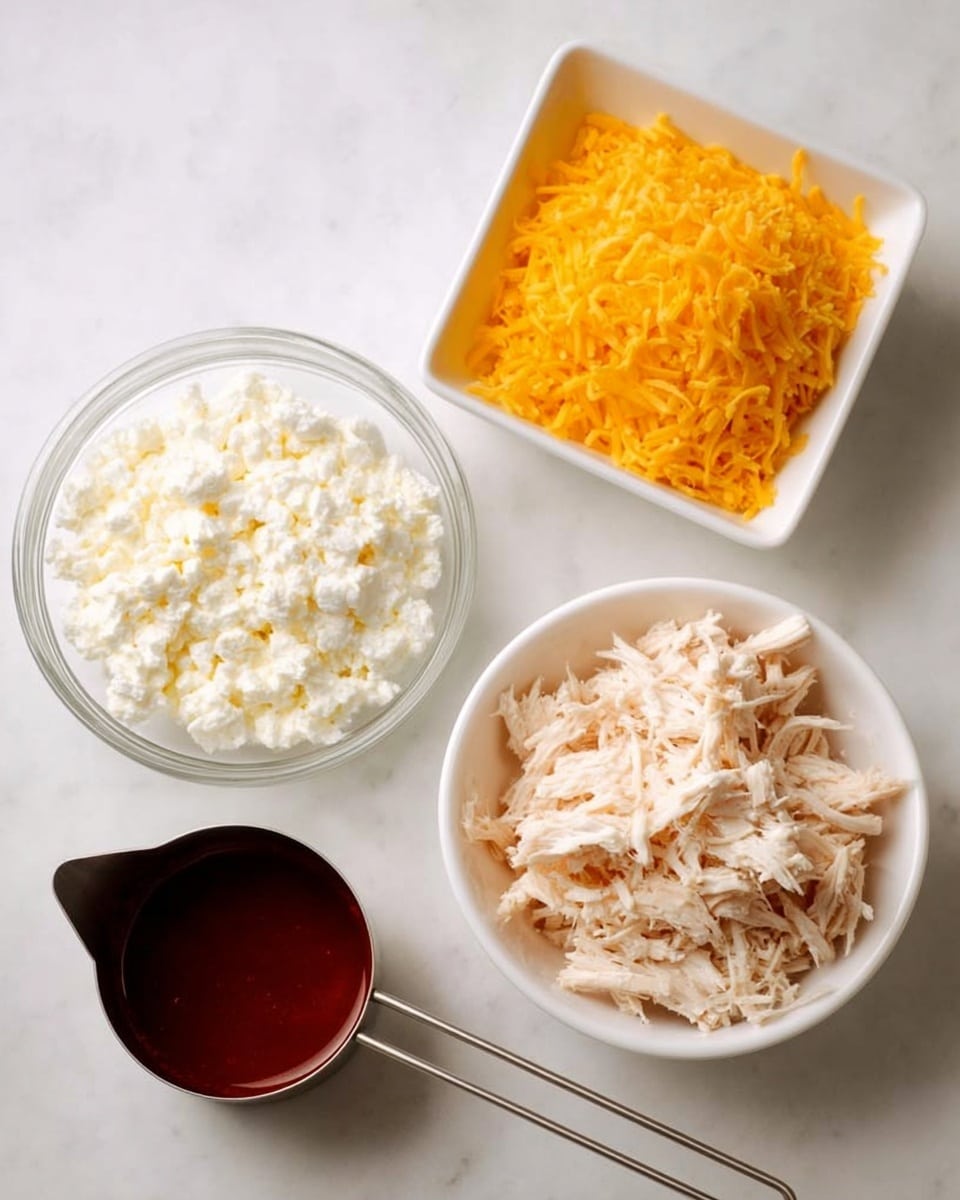 The image shows four bowls and a measuring cup arranged on a white marbled surface. At the top right, there is a white bowl filled with shredded light pink chicken. To the left of it is a white square bowl with bright yellow shredded cheese. Below these, there is a clear glass bowl holding white cottage cheese. In the bottom left corner, there is a metal measuring cup filled with a dark red liquid sauce. The overall scene is clean and bright, with each ingredient clearly visible in its separate container. photo taken with an iphone --ar 4:5 --v 7