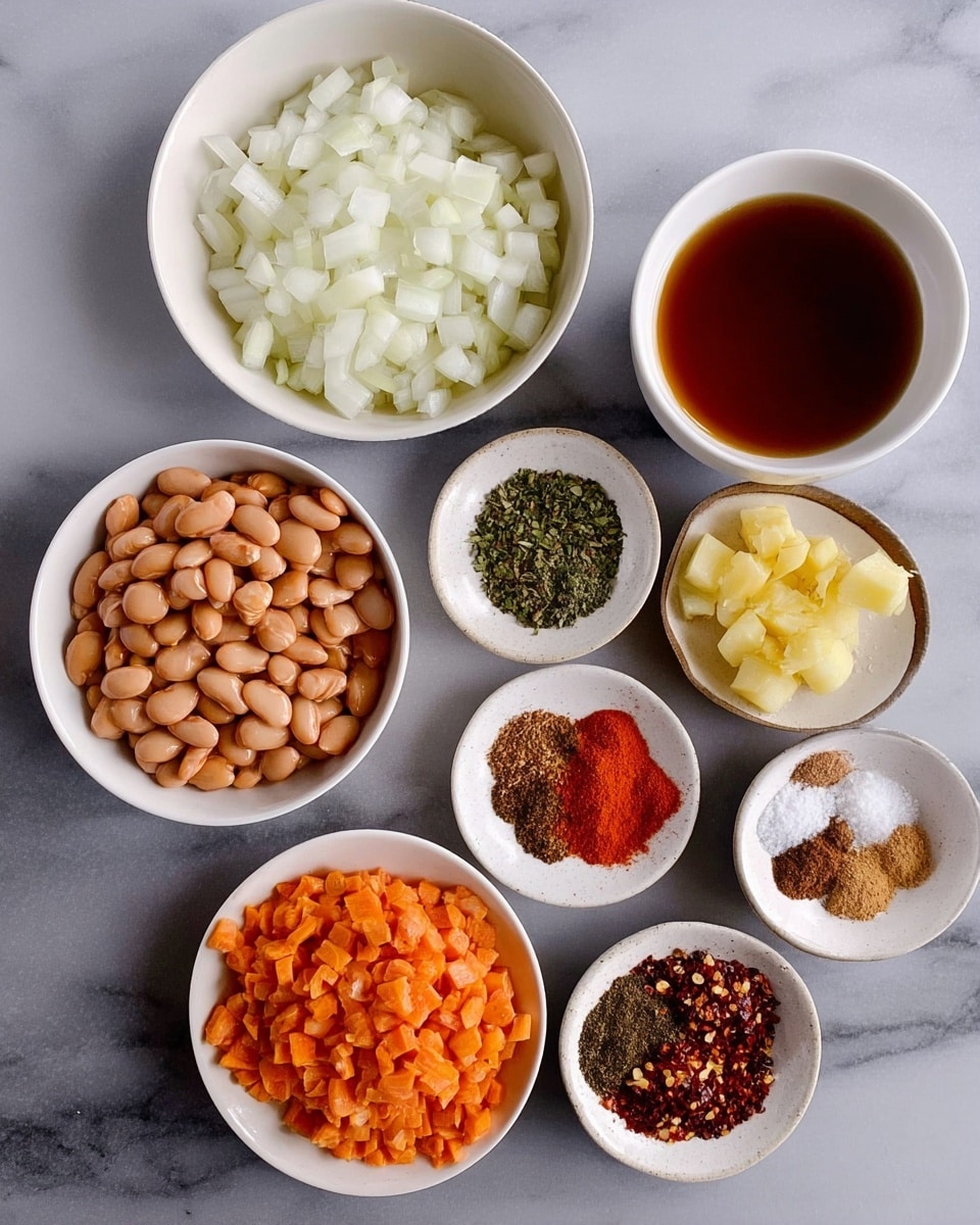 Several small bowls and plates hold different ingredients arranged on a white marbled surface. There is a white bowl filled with chopped white onions near the top center. To the left is a white plate filled with light brown beans. Below the onions, a white bowl contains a clear brown liquid. Next to it on the right, there is a white plate with chopped orange carrots. A small white bowl with pale yellow chopped ginger is located towards the lower left. On the upper right, a white plate holds six separate piles of spices in various colors: green herbs, brown powder, red chili flakes, dark brown powder, white salt, and bright red paprika. The colors and textures contrast sharply with the clean white bowls and plates, all set against the smooth white marbled background. photo taken with an iphone --ar 4:5 --v 7