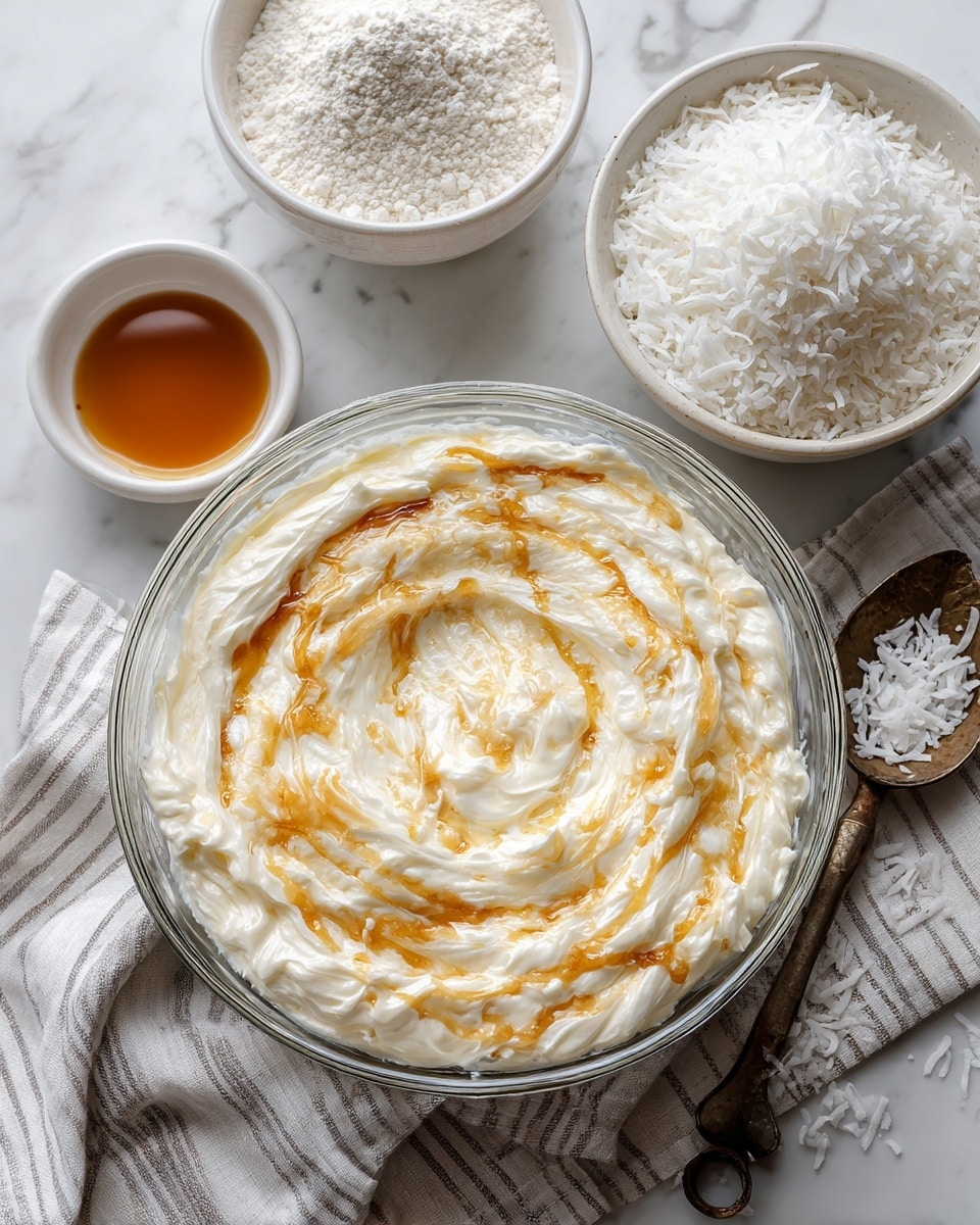 A clear glass bowl at the center holds a creamy white mixture with light brown swirls of vanilla or syrup on top, textured softly and spread evenly. Around the bowl, on a white marbled surface, there is a white bowl at the top left filled with fine white flour, a small white bowl with a light brown liquid to the left of the main bowl, and a rustic metal scoop with white shredded coconut to the right, resting partially on a light gray and white striped cloth. The setup is clean and bright, highlighting the contrast between the creamy mixture and the surrounding ingredients photo taken with an iphone --ar 4:5 --v 7