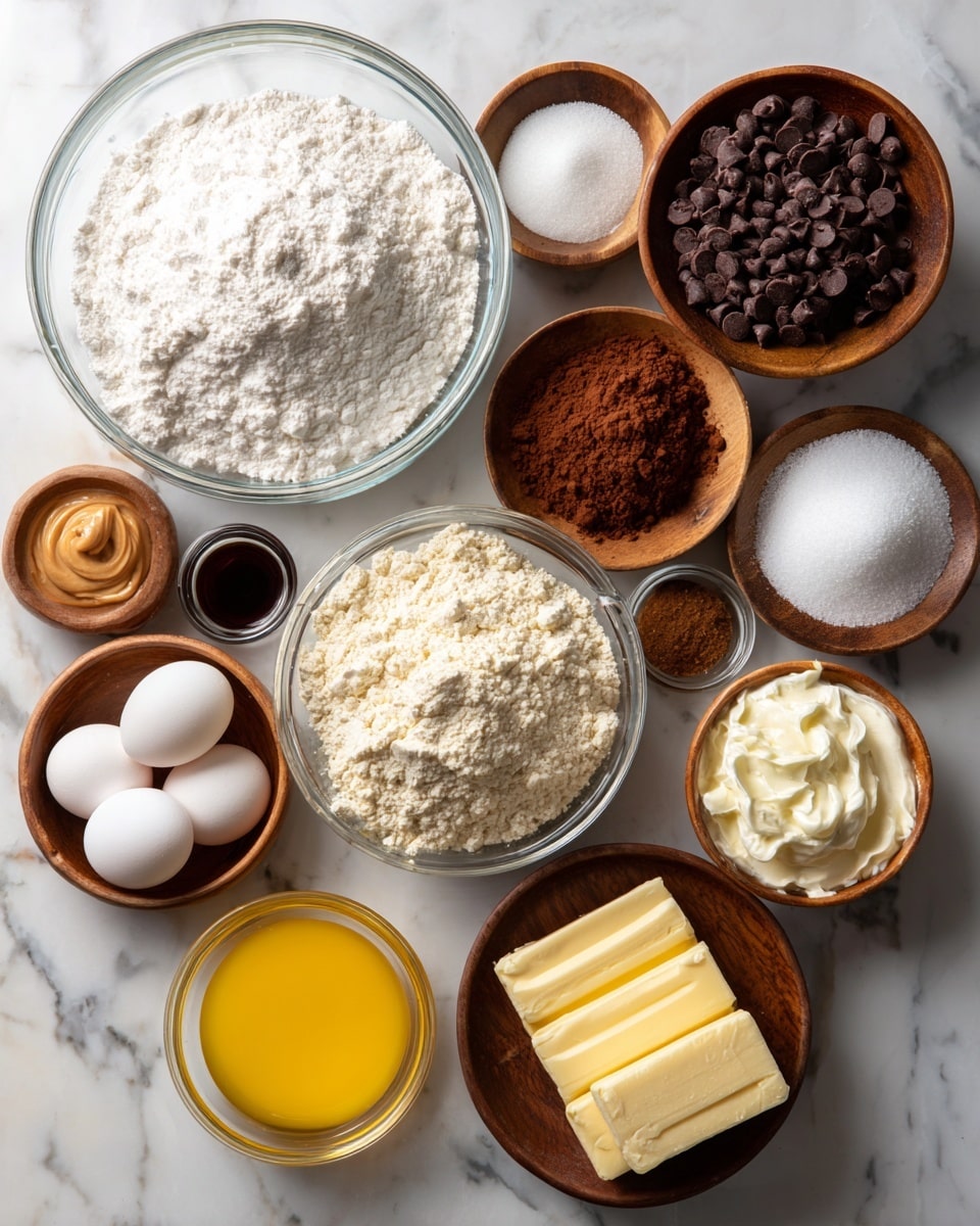The image shows many ingredients for baking, each in a clear glass bowl or a small wooden bowl on a white marbled surface. At the top center, there is a large bowl filled with white powdered sugar. To its right, two smaller bowls hold milk chocolate chips and semisweet chocolate chips, both dark brown. Below the powdered sugar, there is a medium bowl of white granulated sugar, and next to it on the right is a small bowl of creamy light brown peanut butter. Two butter sticks, pale yellow and wrapped, are placed near the peanut butter beside a bowl of bright yellow melted butter. At the bottom left, a small wooden bowl holds four white eggs. Above that is a bowl of light brown cocoa powder beside a bowl of white flour in the middle and small bowls with white baking powder and salt on the right. A small glass bowl of off-white heavy whipping cream is on the left below powdered sugar, and a small glass bowl of dark vanilla extract is near the melted butter. Each ingredient is labeled with simple black text on white boxes above or next to it. Photo taken with an iphone --ar 4:5 --v 7