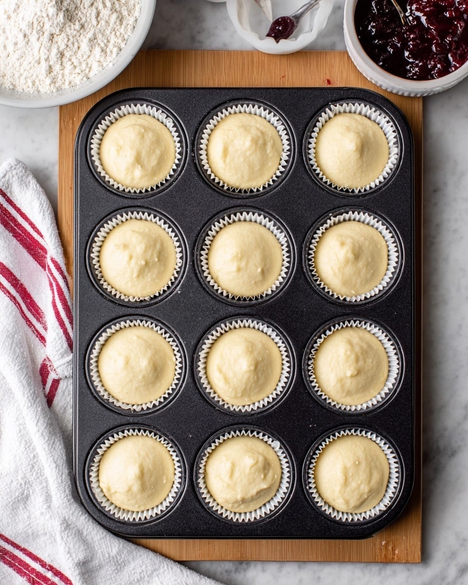 A black muffin tray with twelve white paper liners, each filled with smooth, pale yellow batter, sits on a white marbled textured surface. Around the tray, there is a white bowl with flour at the top left, a small white bowl with dark red jam at the top right, and partially visible items on the right edge. A white cloth with red stripes is folded under the bottom left corner of the tray. photo taken with an iphone --ar 4:5 --v 7
