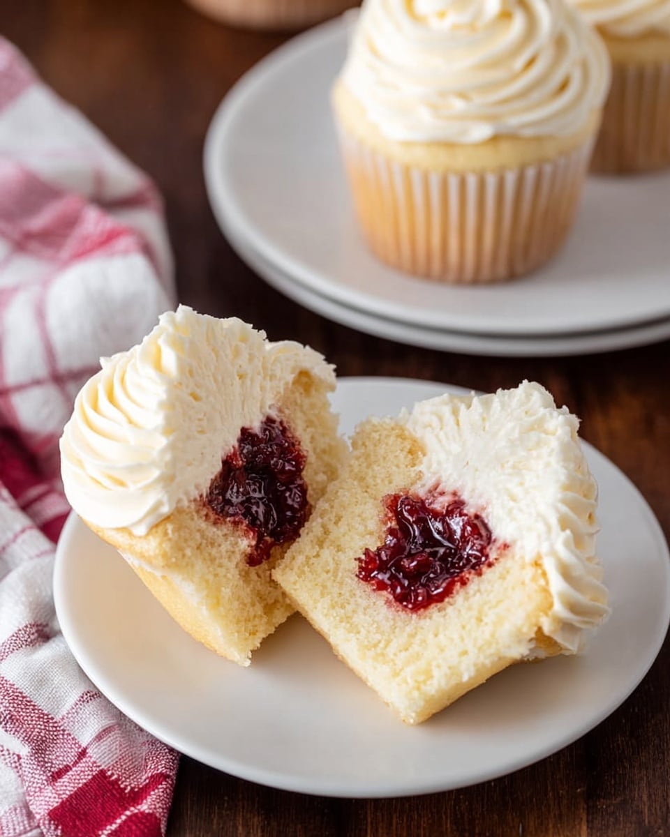 The image shows a white cupcake with three layers: a base light yellow cake layer, a middle dark red jelly or jam layer that is thick and glossy, and a top thick layer of creamy white frosting with soft swirls. The cupcake is split in half and laid on a white plate, revealing the red jelly center inside the cake. Another whole cupcake with the same creamy white frosting swirled on top sits on a white plate behind it. These plates rest on a dark brown wood surface with a white and red checkered cloth to the left. Photo taken with an iphone --ar 4:5 --v 7
