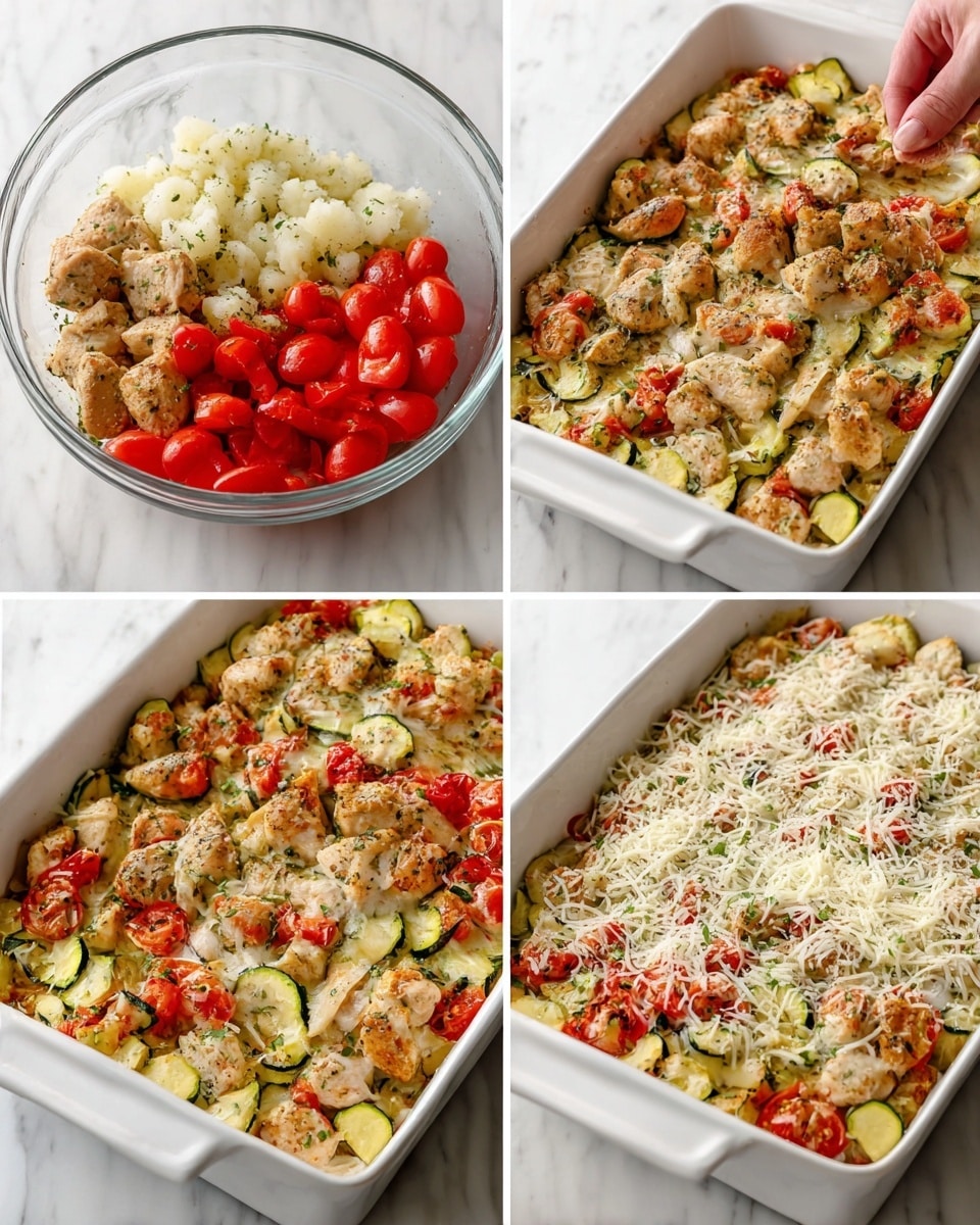 The dish shows four steps of preparation starting with a clear glass bowl filled with raw chicken cubes, bright red cherry tomato halves, white onion slices, and green zucchini slices all mixed with herbs. The next part shows these mixed ingredients spread evenly in a white rectangular baking dish on top of a white marbled surface, with a woman's hand stirring them gently. In the third step, the same dish is covered with a generous layer of shredded white cheese and herbs. The final image shows the baked dish where the cheese is melted and lightly golden, the chicken pieces are cooked and slightly browned, and the tomatoes and zucchini are softened but still colorful, with herbs sprinkled on top. Photo taken with an iphone --ar 4:5 --v 7