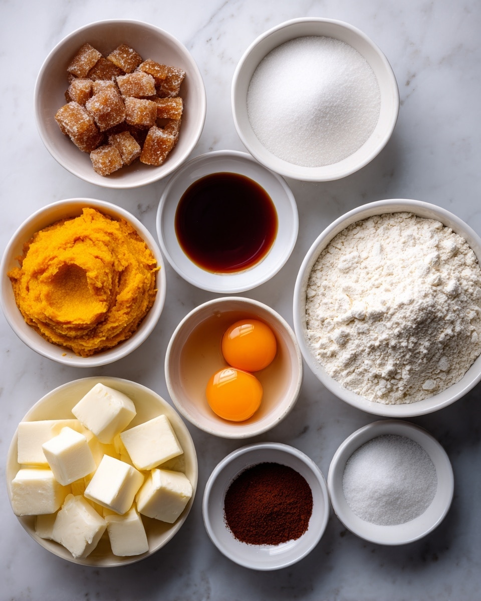 A top view shows nine small white bowls arranged on a white marbled surface. The largest bowl in the center is full of white flour with a soft powder texture. To the top left is a bowl filled with chunky brown sugar, next to it on the right is a small bowl holding dark amber vanilla liquid. To the right of the flour is a bowl of fine white sugar. Near the bottom right, a small bowl holds two bright orange egg yolks sitting side by side. Below the flour in the bottom left corner, there is a bowl with cube-shaped white butter pieces. Above that is a small bowl containing a dark brown pumpkin spice powder. To the right of the butter is a tiny bowl holding white salt and an even smaller bowl with white baking soda powder sits beside it. The final bowl contains bright orange pumpkin puree with a smooth texture and sits at the top left. Photo taken with an iphone --ar 4:5 --v 7