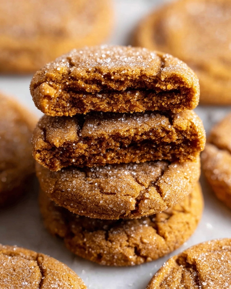 A close-up image shows a stack of three soft brown cookies with sugar crystals on top, highlighting their chewy texture inside with a dense, uniform crumb. These cookies are stacked unevenly in the center, resting on a white marbled surface scattered with more cookies of the same type around them. The cookies are round with slightly cracked tops and sugar sprinkles that catch the light, making them look fresh and inviting. The overall look is warm and cozy with a focus on the sugar sparkle and soft center. photo taken with an iphone --ar 4:5 --v 7