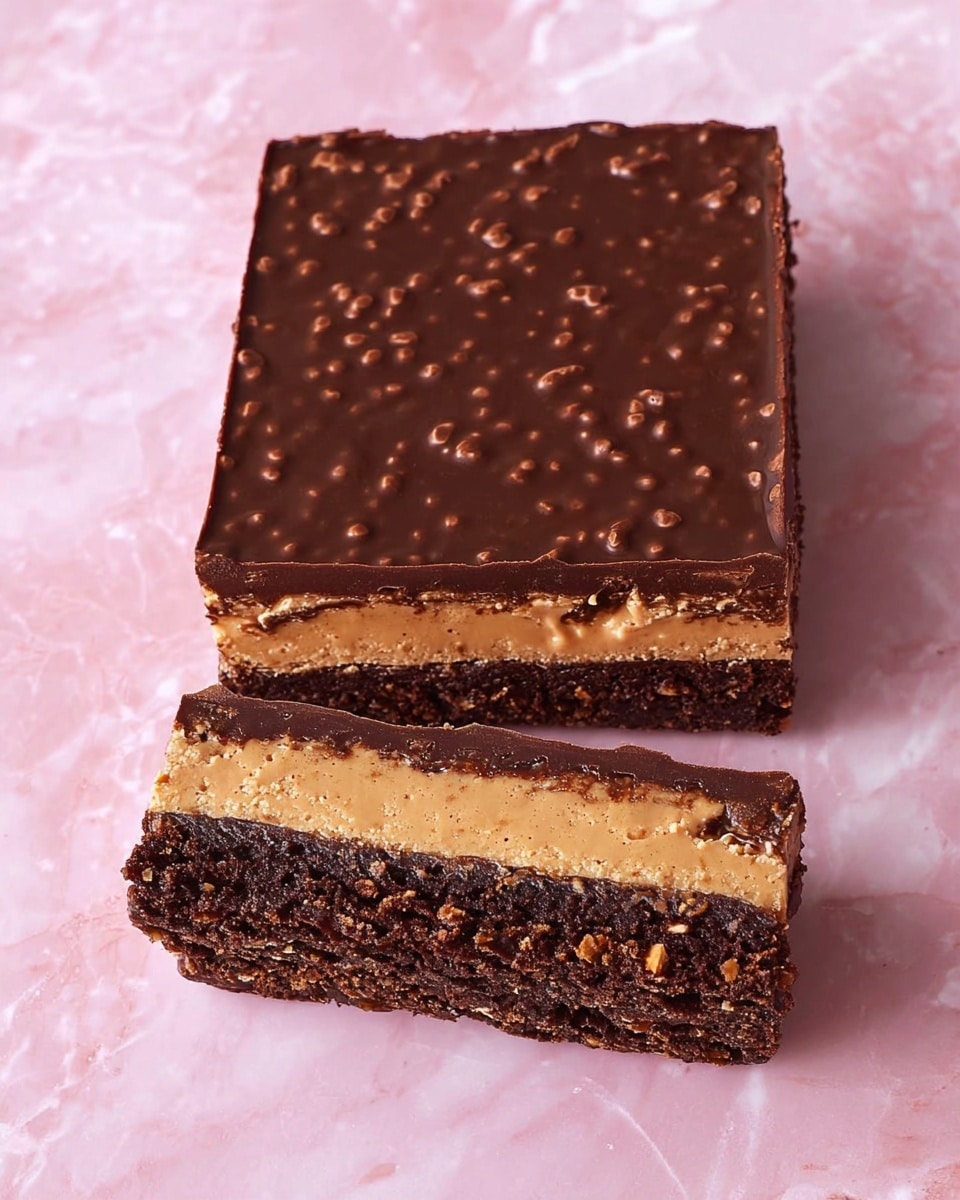 A rectangular dessert bar with three clear layers sits on a pink background with a white marbled texture. The bottom and top layers are dark brown, dense, and slightly crumbly, resembling chocolate cake or brownie. Sandwiched between these is a thick, smooth beige layer that looks like peanut butter or a similar creamy filling. The top is covered with a shiny, textured chocolate layer that has small bumps, suggesting embedded nuts or crisped rice. One thin slice is cut and placed upright next to the larger bar, showing the distinct layers from the side. Photo taken with an iphone --ar 4:5 --v 7