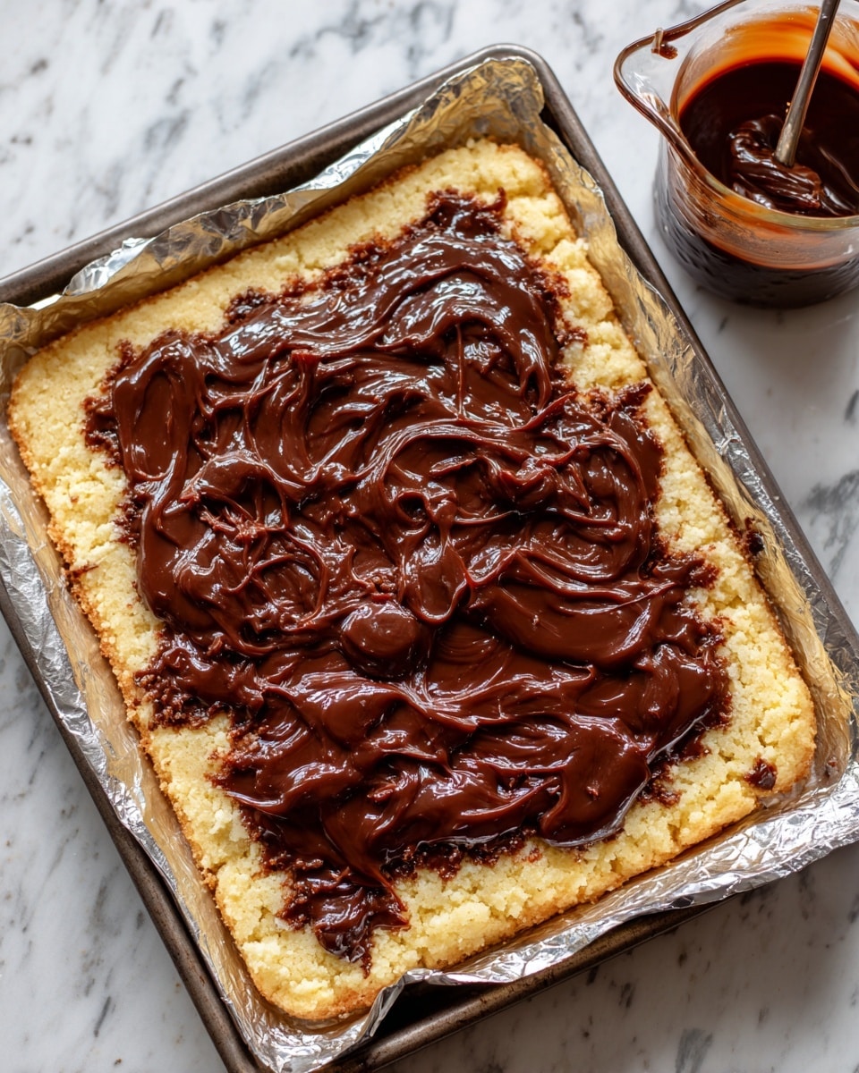 A square dessert bar sits on a baking tray lined with foil, with a base layer of light golden, soft dough that looks slightly crumbly. On top of this base, there is a thick layer of smooth, dark brown caramel sauce spread unevenly, showing some lumps and patches where the base is peeking through. The tray rests on a white marbled surface with a small glass measuring cup filled with more caramel sauce partly visible in the top right corner. Photo taken with an iphone --ar 4:5 --v 7