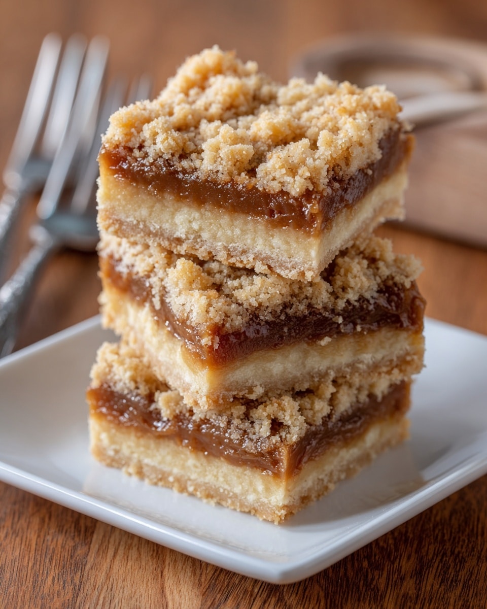 Three square crumb bars are stacked on a small white square plate placed on a wooden surface. Each bar has three layers: the bottom layer is light and crumbly with a beige color, the middle layer is thick and caramel brown with a fudge-like texture, and the top layer is again a crumbly beige topping with a slightly uneven surface. The bars have clear, distinct layers and show crumbly edges. The background shows silver forks slightly out of focus. photo taken with an iphone --ar 4:5 --v 7