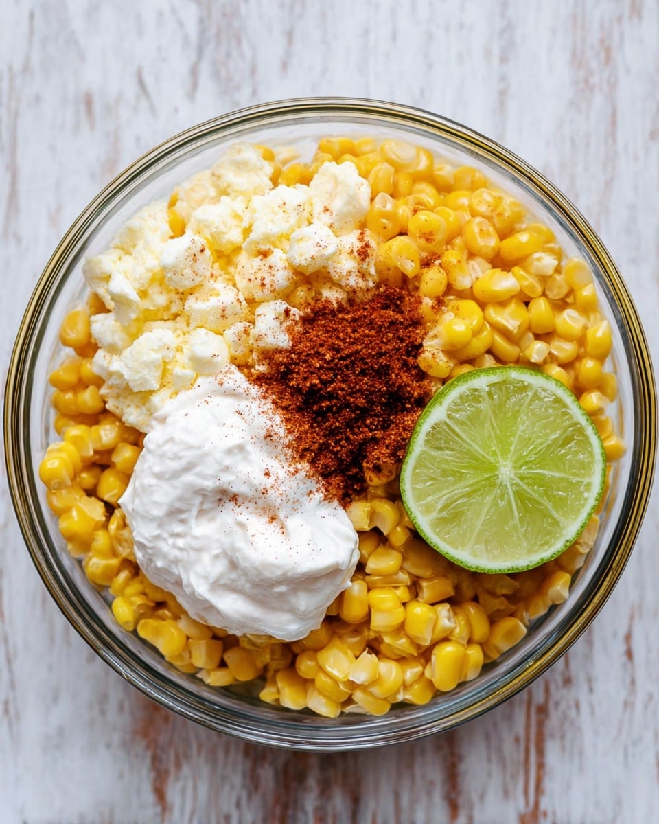 A clear glass bowl holds a layer of bright yellow corn kernels covering the bottom and sides. On top of the corn, there are three main toppings: a dollop of thick white cream with a smooth texture at the bottom center, a lighter creamy mixture with small chunks placed above that, and a small pile of dark reddish-brown spice powder right in the middle where the two creams meet. A fresh green lime slice rests on the right side, touching the creamy topping and corn. The bowl sits on a white marbled surface. photo taken with an iphone --ar 4:5 --v 7