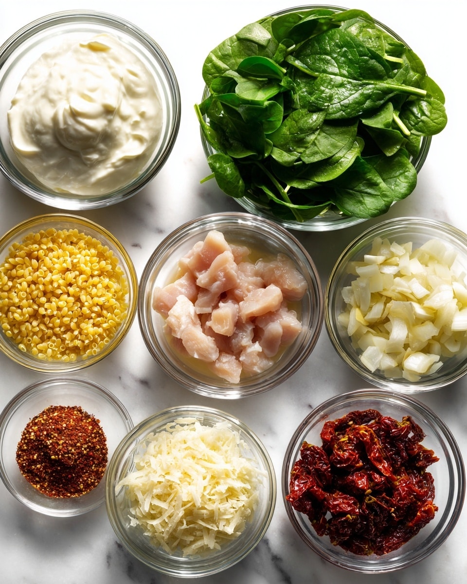 The image shows nine small clear glass bowls arranged in a grid on a white marbled surface. The top row has three bowls: the first contains smooth heavy cream that is white and thick, the second is filled with fresh green spinach leaves with visible veins and texture, and the third holds small yellow orzo pasta grains. The middle row has three bowls: the first with golden yellow chicken broth, the second with raw, pale pink diced chicken pieces, and the third with finely grated pale yellow parmesan cheese. The bottom row has three bowls: the first with finely chopped white onions, the second with small light brown garlic pieces, and the third with dark red sun-dried tomatoes beside some reddish seasoning labeled Italian seasoning. The lighting is bright and natural. Photo taken with an iphone --ar 4:5 --v 7