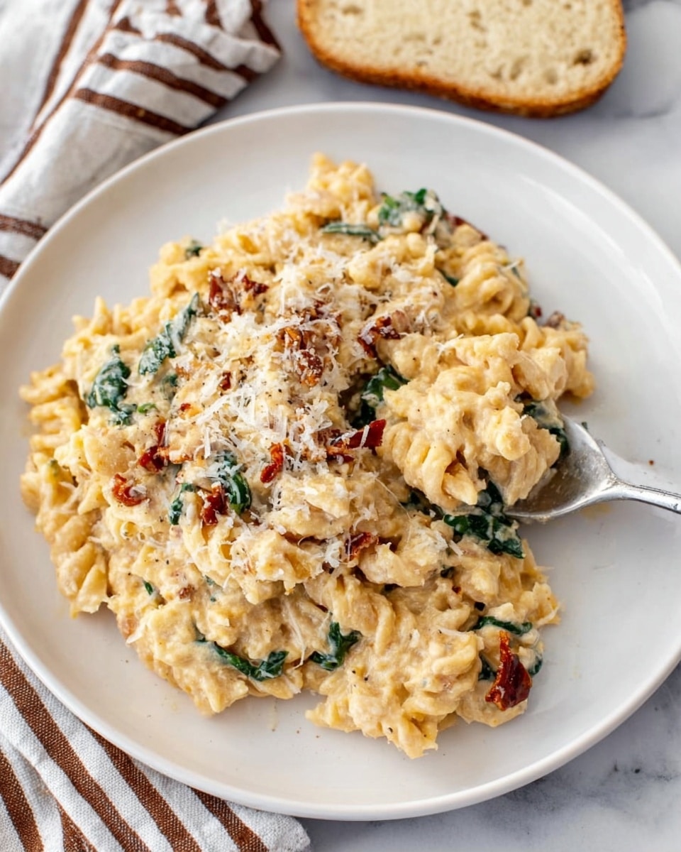 A white plate holds a creamy pasta dish with three visible layers: a base of spiral pasta coated in a light yellow sauce mixed with small bits of sun-dried tomatoes and green spinach leaves, topped with a sprinkling of grated white cheese. The texture appears soft and creamy with some chunks of the pasta slightly raised, creating a fluffy look. A metal spoon rests on the right side of the plate, lifted as if ready to scoop. The plate sits on a white marbled surface with a piece of sliced bread in the upper background. A striped cloth with brown and white lines is partially visible on the lower left edge. photo taken with an iphone --ar 4:5 --v 7