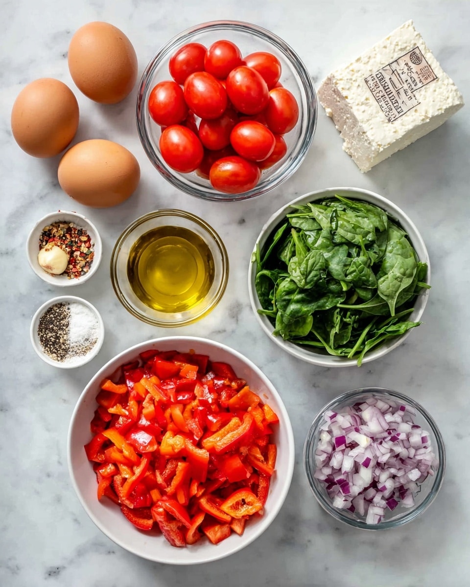 The image shows a white marbled surface with various ingredients arranged separately. There is a clear glass bowl filled with bright red cherry tomatoes, a small block of feta cheese with a label, four brown eggs, a clear bowl packed with fresh green spinach leaves, a small clear bowl of olive oil, a bowl with chopped red onions in purple and white hues, a very small bowl with minced garlic, a small white bowl containing a mix of powdered salt, black and white seeds, and red pepper flakes, and a large white bowl filled with chopped red bell peppers, all laid out for cooking. photo taken with an iphone --ar 4:5 --v 7