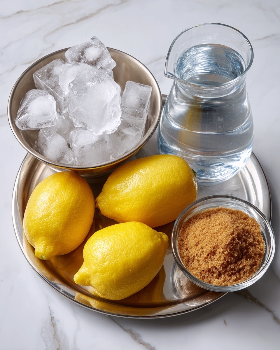 The image shows four ingredients placed on a white marbled surface. At the top center is a small metal bowl filled with clear ice cubes that have sharp edges and a slightly frosty look. To the left, there is a shiny silver plate holding three bright yellow lemons with smooth, slightly textured skin. Below the plate, a clear glass bowl is filled with fine brown sugar, which has a grainy texture and a light brown color. On the right side, there is a clear glass pitcher filled with water sitting on a transparent tray with curved edges. Each item is clearly visible and neatly arranged. photo taken with an iphone --ar 4:5 --v 7