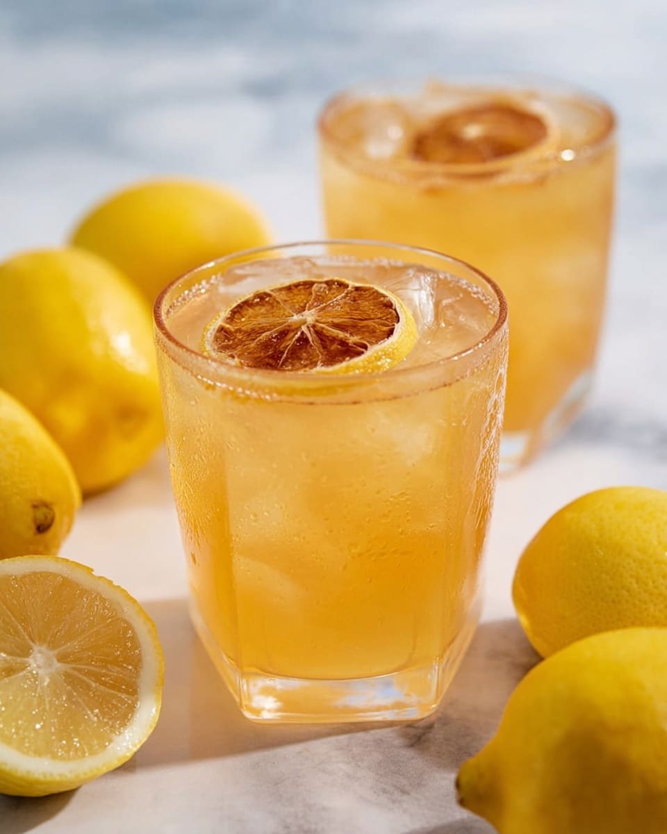 Two clear square glasses are filled with a light orange-yellow drink with ice cubes inside. Each glass is topped with a thin round slice of dried lemon that floats on the surface. Around the glasses, there are whole bright yellow lemons and one lemon cut in half showing its juicy interior. The scene is set on a white marbled surface with soft natural light brightening the image, creating condensation droplets on the glasses that show the coldness of the drink. photo taken with an iphone --ar 4:5 --v 7
