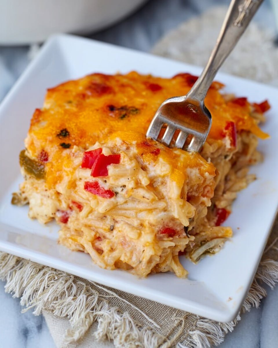 A close-up of a cheesy baked dish slice on a white square plate with a silver fork piercing the top layer, showing melted orange cheese with specks of red and green peppers; below the cheese, there is a creamy, textured layer with visible spaghetti-like pasta strands in a light sauce, creating a creamy and slightly browned surface; the plate sits on a cloth with fringed edges, all placed on a white marbled surface. Photo taken with an iphone --ar 4:5 --v 7