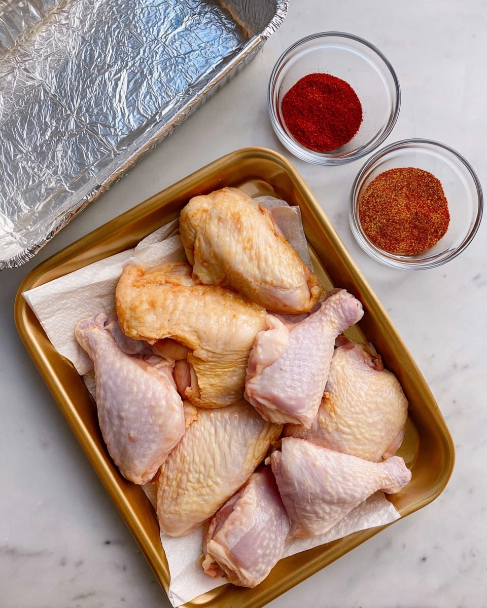 A gold metal baking tray holds several raw pieces of chicken with skin on, including two large pieces at the bottom, three drumsticks, two wings, and two medium thighs, all laid on white paper towels inside the tray. Above the tray are two small clear glass bowls; one containing a bright red powder and the other a reddish-brown powder. To the top left of the tray is a rectangular baking pan lined with shiny silver foil. All is set on a white marbled surface. photo taken with an iphone --ar 4:5 --v 7
