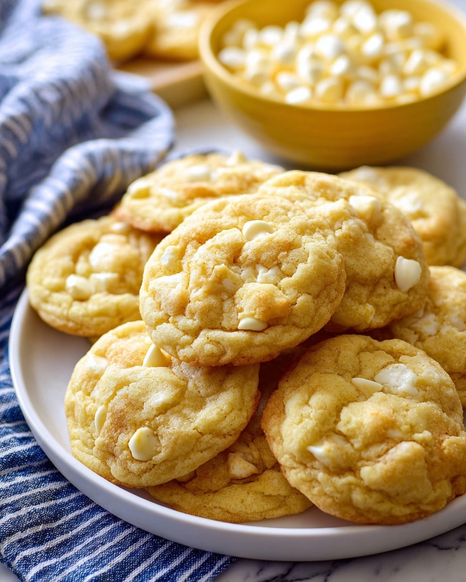 A white plate is filled with a stack of soft, golden-yellow cookies dotted with white chocolate chips. Each cookie has a slightly cracked top and a chewy texture, showing varied irregular shapes that give a homemade feel. In the background, there is a yellow bowl filled with more white chocolate chips, sitting on a blue and white striped cloth over a white marbled surface. The overall scene is bright and cozy, focusing closely on the cookies in the foreground. photo taken with an iphone --ar 4:5 --v 7