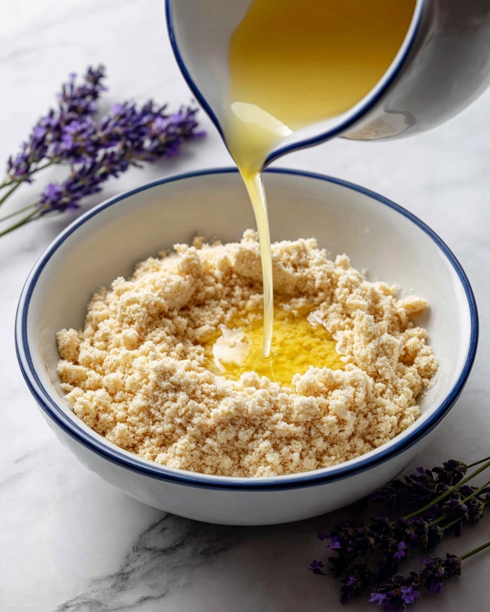 The image shows a white bowl containing a crumbly light brown mixture, resembling a coarse flour or crumble topping. A bright yellow liquid is being poured from a white bowl with a blue rim into the center of the mixture, creating a small pool. To the right side of the white bowl, a sprig of purple lavender adds a touch of color and decoration. The scene is set against a white marbled surface, giving a clean, fresh look. photo taken with an iphone --ar 4:5 --v 7