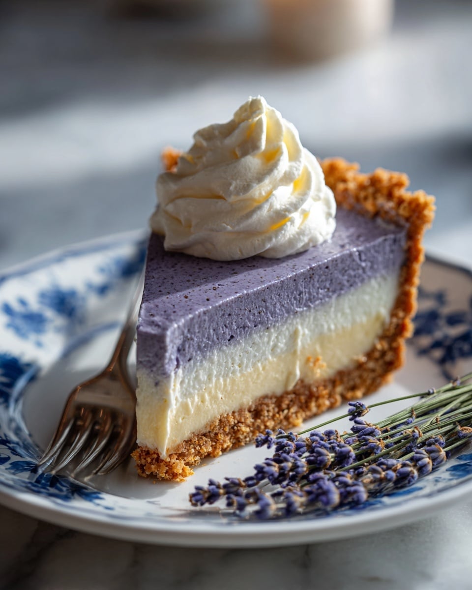A slice of pie with three layers is shown on a white plate with blue floral patterns. The bottom layer is a rough, golden brown crust. Above it, a thick, creamy purple layer has small darker bits inside, looking smooth and soft. On top, a swirl of white whipped topping sits, fluffy and slightly glossy. Dried lavender sprigs lie next to the slice near a silver fork. The background has a white marbled look with soft lighting. photo taken with an iphone --ar 4:5 --v 7