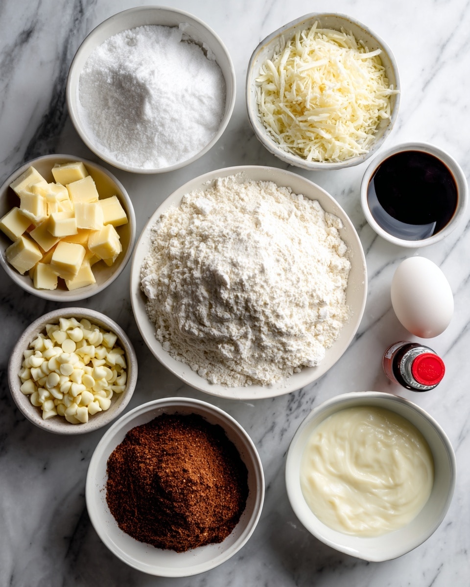 A white bowl filled with white powdered sugar sits near the top on a white marbled surface, below it a clear white bowl holds white flour mixed with salt and baking powder. To the left, a small white bowl contains cubed yellow butter, next to it a small white bowl of shredded light brown coconut. Below the coconut, another white bowl holds small white white chocolate chips, accompanied by a white egg next to it. To the right of the flour, there are two small bottles, one black and one red, labeled coconut and lime flavoring. Below the egg and white chocolate, there are two small bottles of food coloring, one white and one green on top of the white marbled surface. Near the bottom is a white bowl filled with brown sugar, and next to it a small white bowl with heavy cream and lime juice. photo taken with an iphone --ar 4:5 --v 7