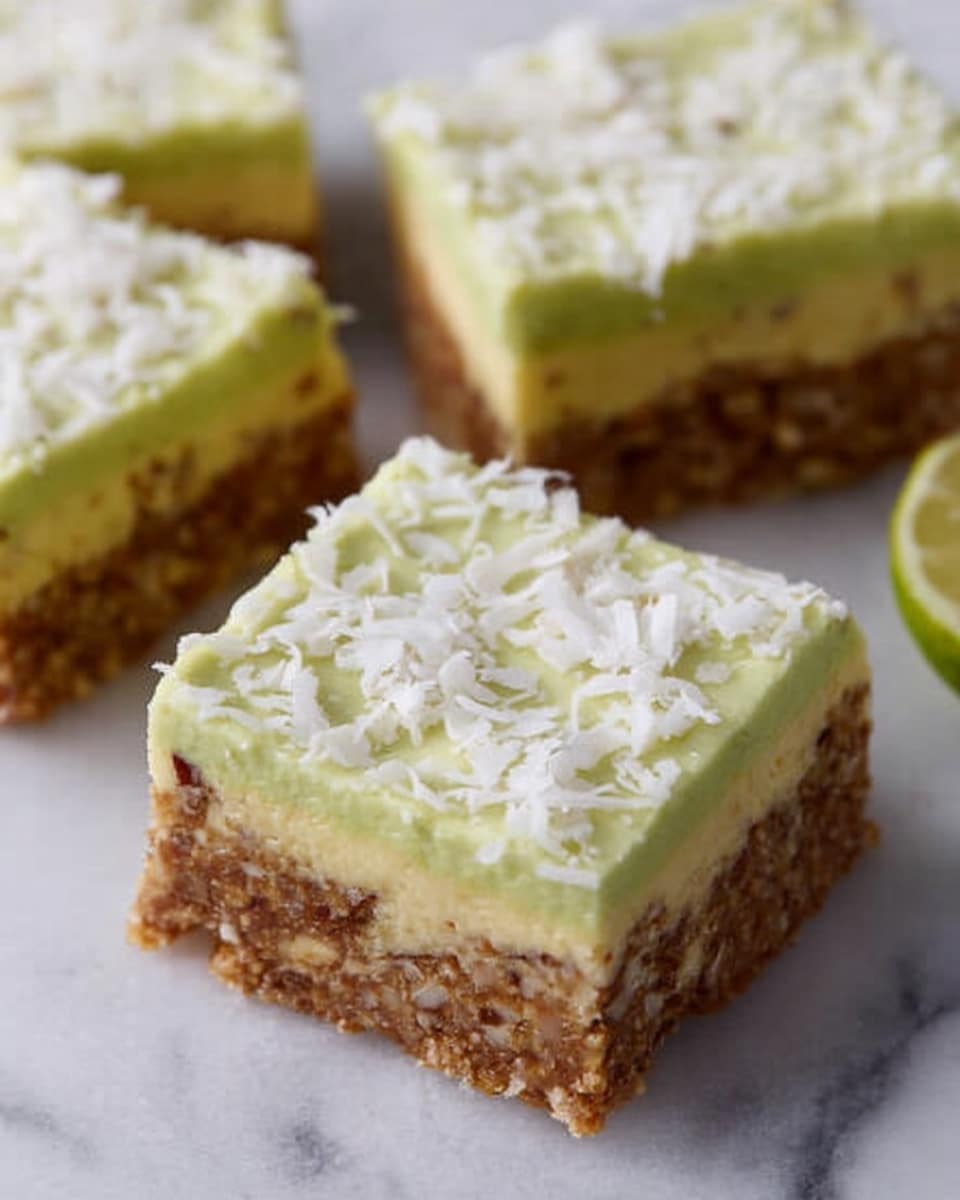 The image shows four square slices of a layered dessert on a white marbled surface, with one slice prominently in the center. Each slice has two clear layers: the bottom layer is dense and textured with a light brown color containing small bits of nuts, while the top layer is thick and creamy with a pale yellow-green shade, topped with white shredded coconut. The pieces are arranged closely together, and there is a blurred lime cut partially visible in the top right corner. The overall look is fresh and inviting. photo taken with an iphone --ar 4:5 --v 7