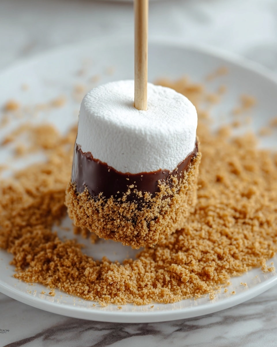 The image shows a close-up of a marshmallow dipped halfway in melted chocolate, resting on a stick. The bottom half of the marshmallow is coated in chocolate and then rolled in light brown crushed crumbs that cover the lower part of the marshmallow and the clear white plate beneath it. The background is a white marbled surface. The stick is vertical, held from above, centered in the frame. photo taken with an iphone --ar 4:5 --v 7