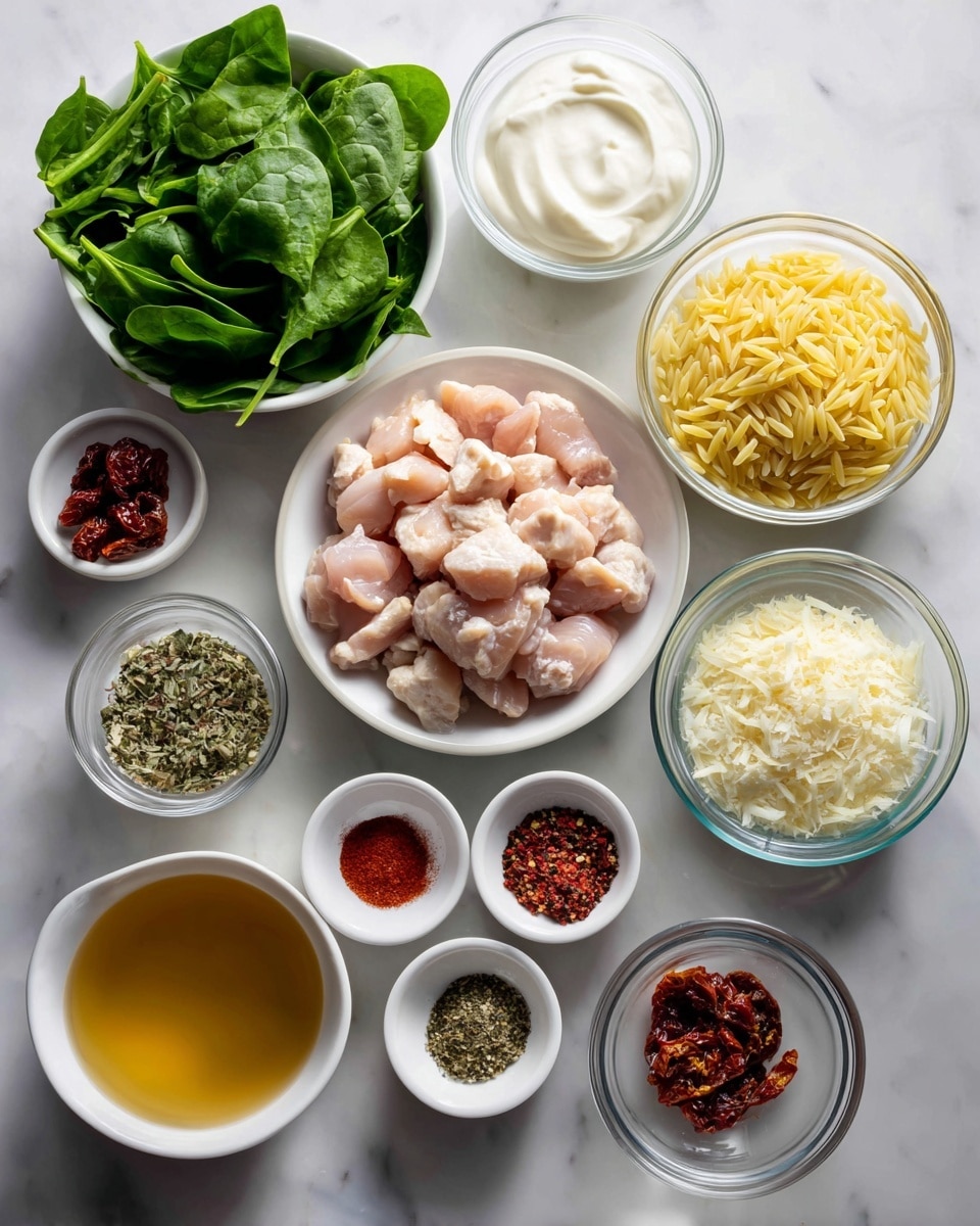 The image shows a collection of clear glass bowls and small white dishes arranged neatly on a white marbled surface, each containing different ingredients. In the center, a larger bowl holds light pink cubed chicken breast. Above it, a bowl full of fresh dark green spinach leaves is placed. To the right of the spinach, a bowl contains uncooked yellow orzo pasta, and below that, another bowl is filled with finely grated white parmesan cheese. Next, there is a bowl of dark reddish-brown sun-dried tomatoes beside a small white dish of Italian seasoning, a mixture of green and brown dried herbs. Below the chicken, there is a small white dish with salt and pepper, then another with red pepper flakes which are red and orange. To the left of the chicken, a bowl with clear golden chicken broth sits next to a bowl of finely chopped white onion. Above those, a bowl of heavy cream with a smooth white texture completes the lineup. A small white dish of crushed yellow garlic sits in the bottom left corner. All bowls and dishes stand out distinctly against the clean white marbled surface. Photo taken with an iphone --ar 4:5 --v 7