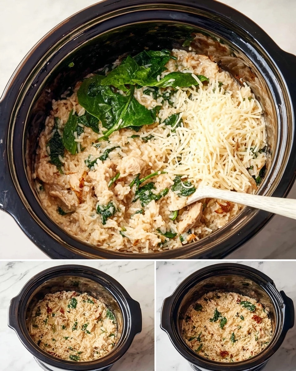 The image shows a black slow cooker with a creamy, mixed rice dish inside. The first layer is cooked rice with small pieces of light brown meat spread evenly at the bottom. The second layer adds fresh green spinach leaves on one side and a pile of white shredded cheese on the other side. The final combined mix fills the slow cooker, showing a creamy light beige texture with visible green spinach pieces and small bits of meat, all stirred together with a white spoon. The surface under the cooker is a white marbled texture. Photo taken with an iphone --ar 4:5 --v 7
